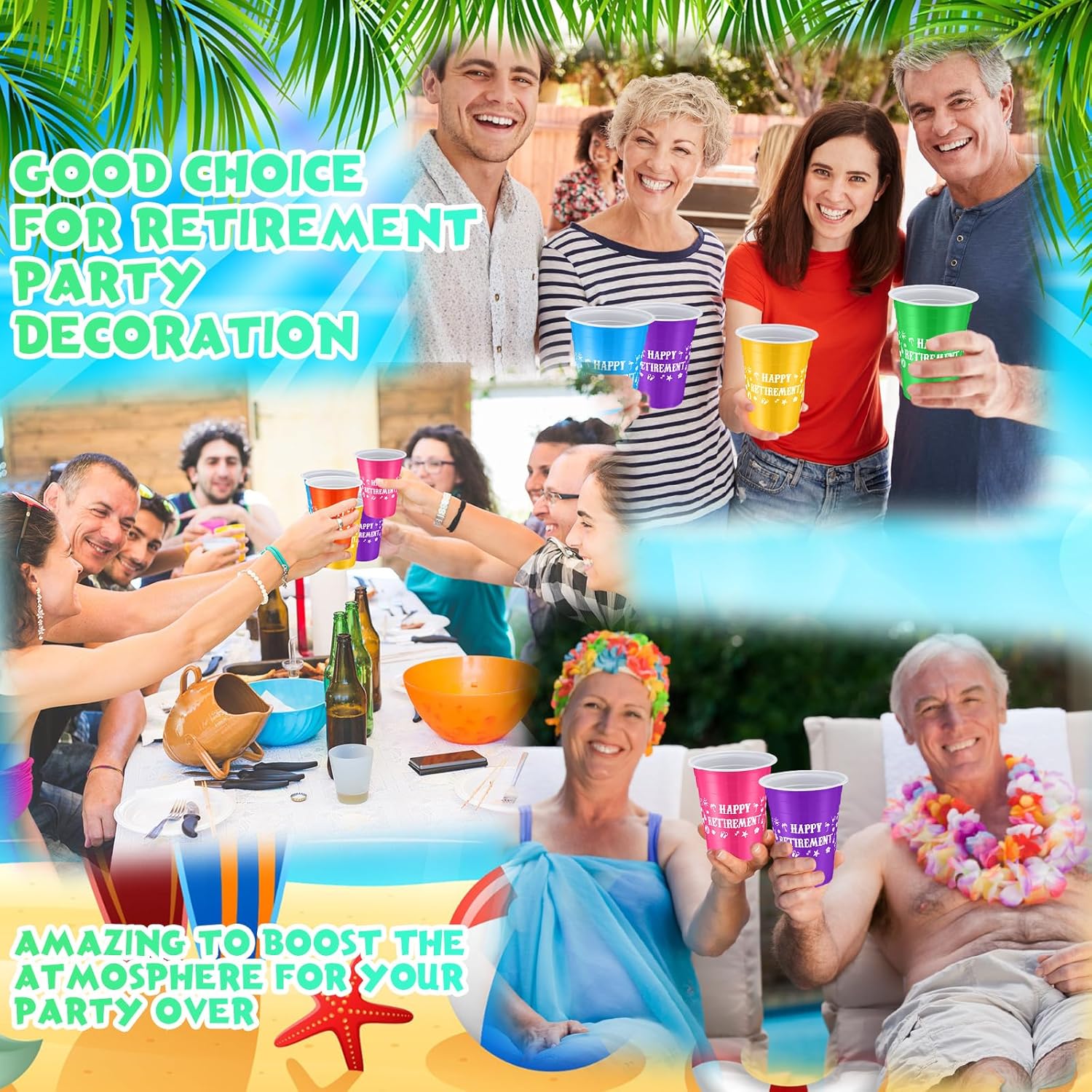 Mimorou 60 Pcs 16 oz Happy Retirement Disposable Party Plastic Cups Beverage Drinking Cups Plastic Juice Cups for Hawaiian Retirement Party Theme Decorations Drinks Soda Barbecues Picnics Supplies