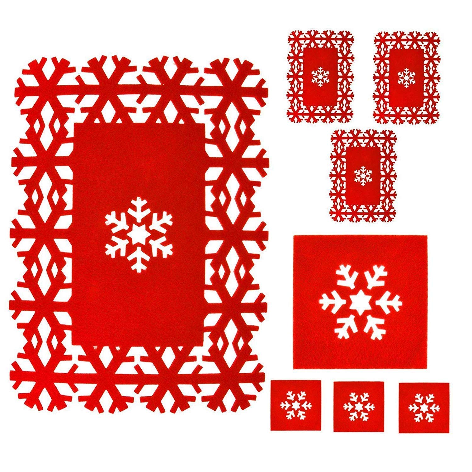 Posh Porschey Snowflake Dinner Table Runner, felt, Red, Set of 4 Coasters & Placemats
