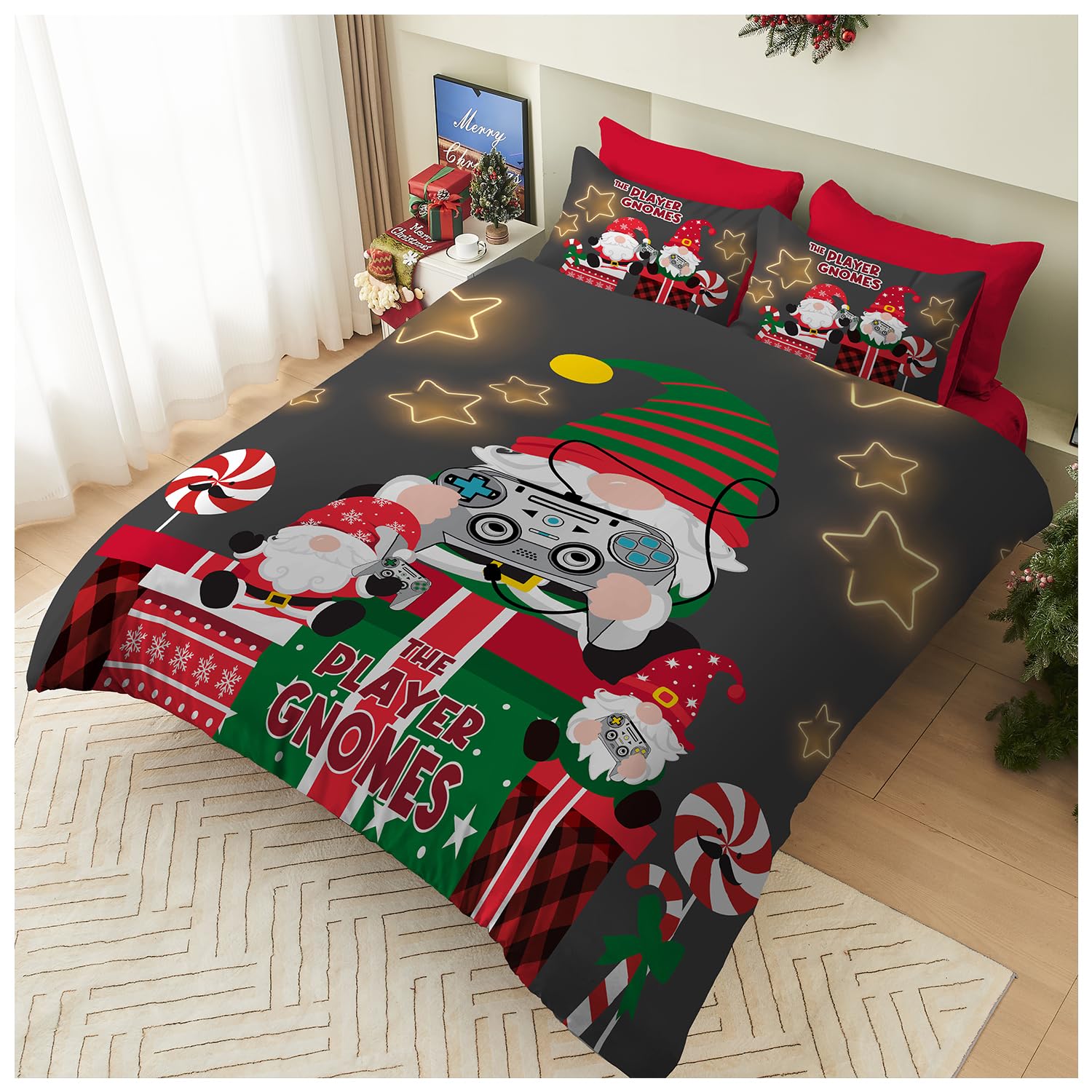 GC GAVENO CAVAILIA Gnomes Christmas Duvet Cover Set - Breathable Single Bed Duvet Set - Soft Xmas Bedding & Quilt Cover with Pillowcase - Comforter Cover Bed Set Single (135x200 cm) - Washable