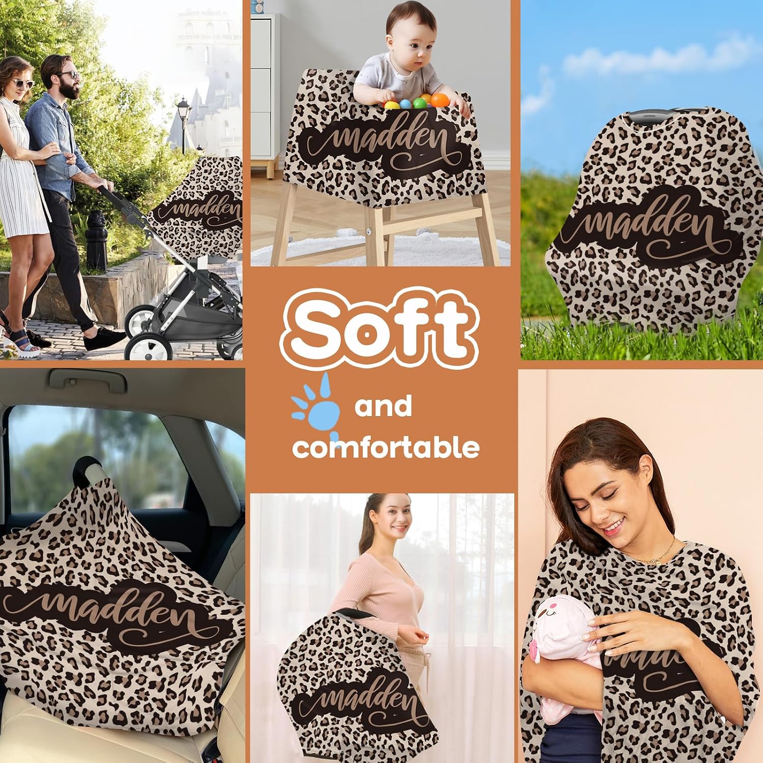 Personalized Baby Car Seat Cover Stroller Canopy: Custom Name Newborn Baby Boy Girl Elastic Leopard Pattern Nursing Cover for Moms First Birthday Gift(one Size)
