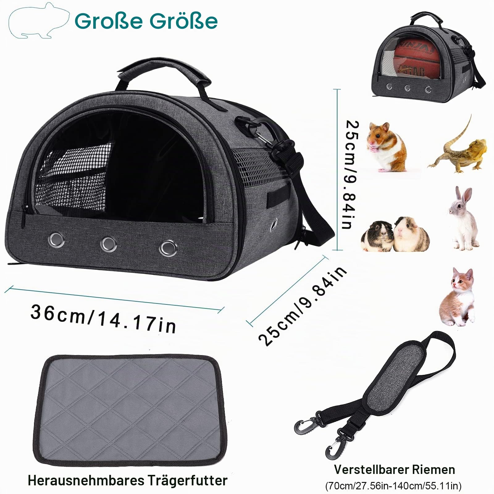Faltbare Kleintier-Tragetasche mit Wasserflaschenhalter, Doppeltüren Design, Atmungsaktiv & Ausbruchsicher, Transporttasche für Meerschweinchen, Kaninchen, Hamster, Grau