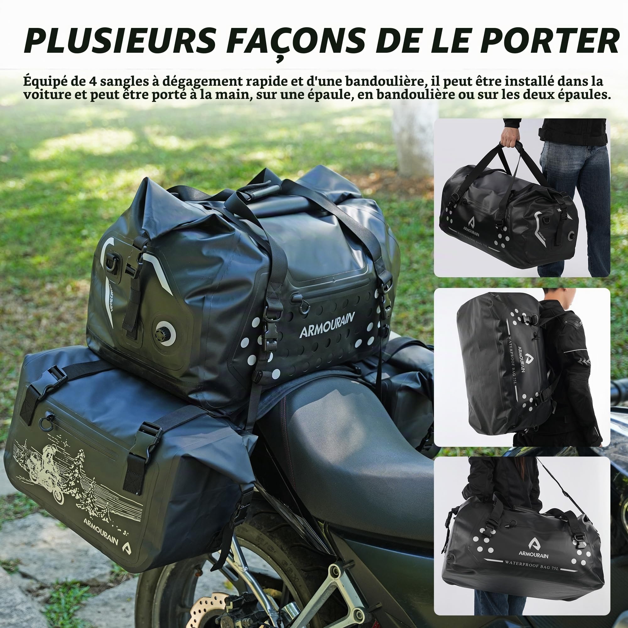 Sac Sec Moto 75L Grand Sac Polochon étanche Sec de Siège de Coffre Pliable pour Voyage, Canotage, Moto, Kayak (Noir)