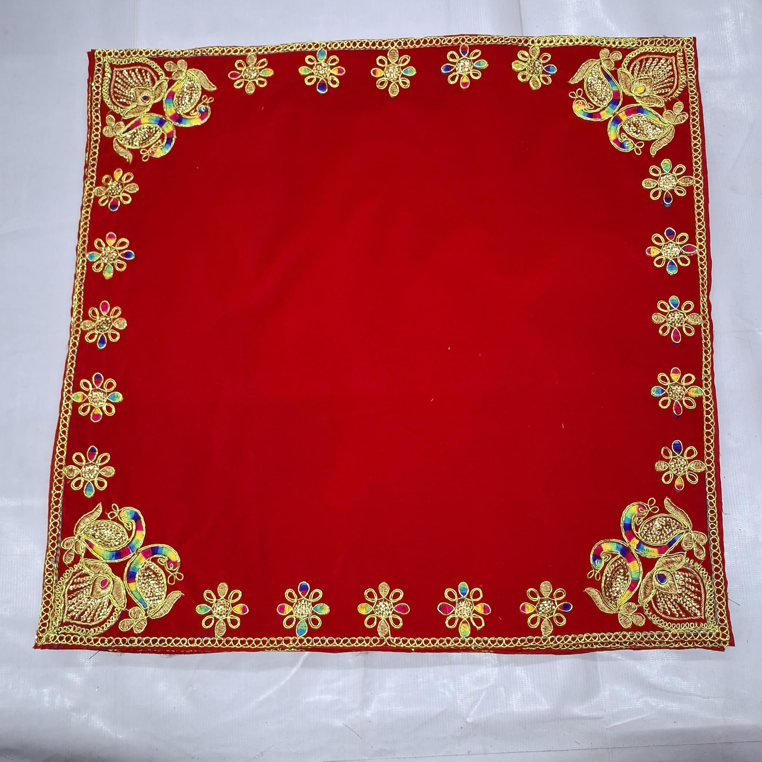 Decorative Velvet Pooja Aasan Mat for Chowki and Mandir | Handmade Puja Cloth with Golden Lace Border | Multipurpose Festival Decoration for Idol, Diwali and Navratri (Pack of 12) 18 * 18 INCH-image-45