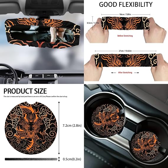 Dragon Pattern 15 Pcs Car Seat Covers Set,1 Steering Wheel Cover,1 Trash Can,1 Air Vent Pouch,2 Seat Belt Pad,1,2 Coaster,1 Rearview Mirror Cover,1 Chapstick Holder Keychain