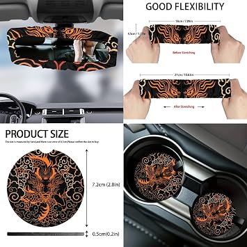 Dragon Pattern 15 Pcs Car Seat Covers Set,1 Steering Wheel Cover,1 Trash Can,1 Air Vent Pouch,2 Seat Belt Pad,1,2 Coaster,1 Rearview Mirror Cover,1 Chapstick Holder Keychain
