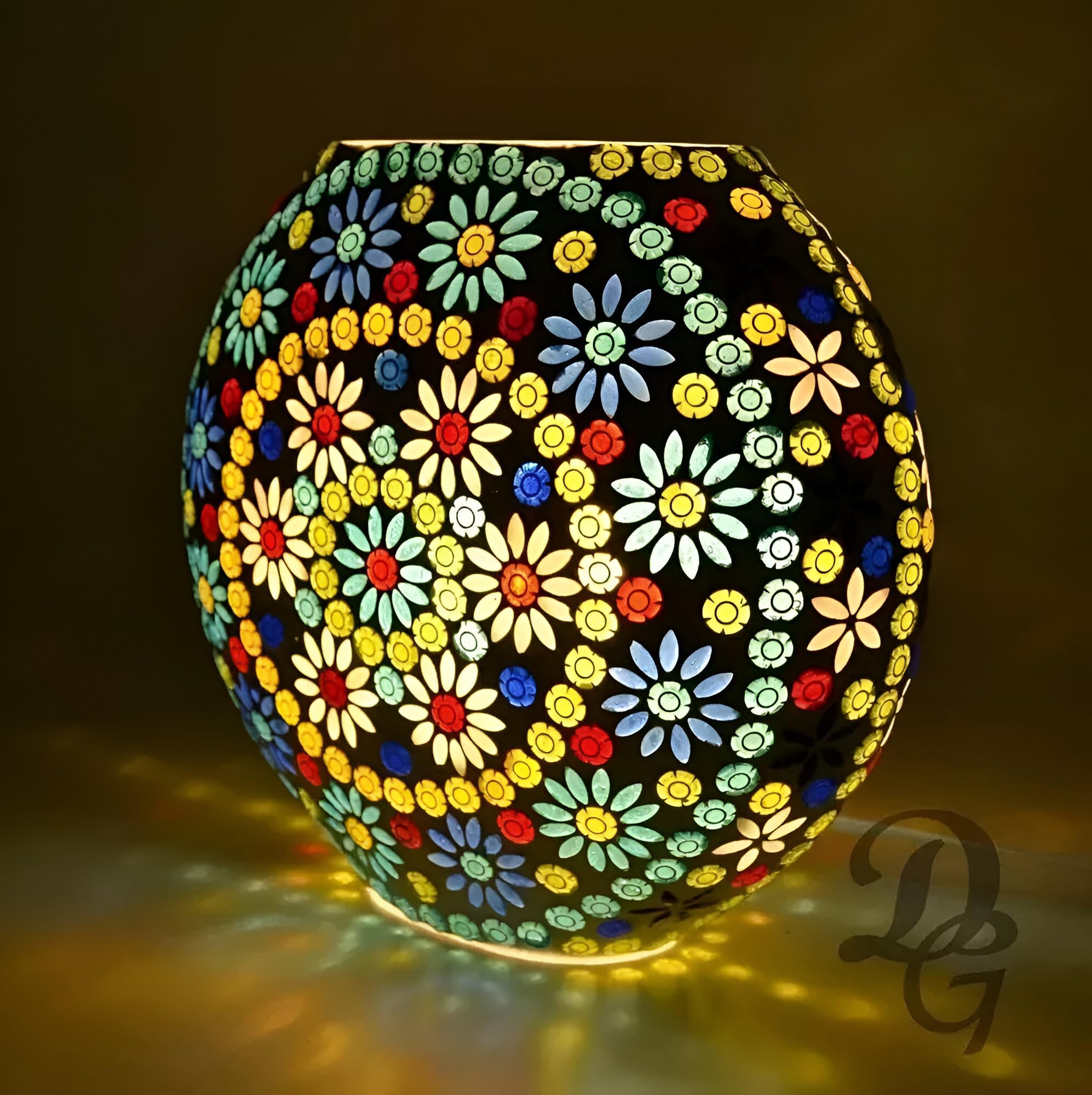 Mosaic Glass Table Lamp, Floral Pattern, 16 cm Height, 18 cm Diameter, White-image-14