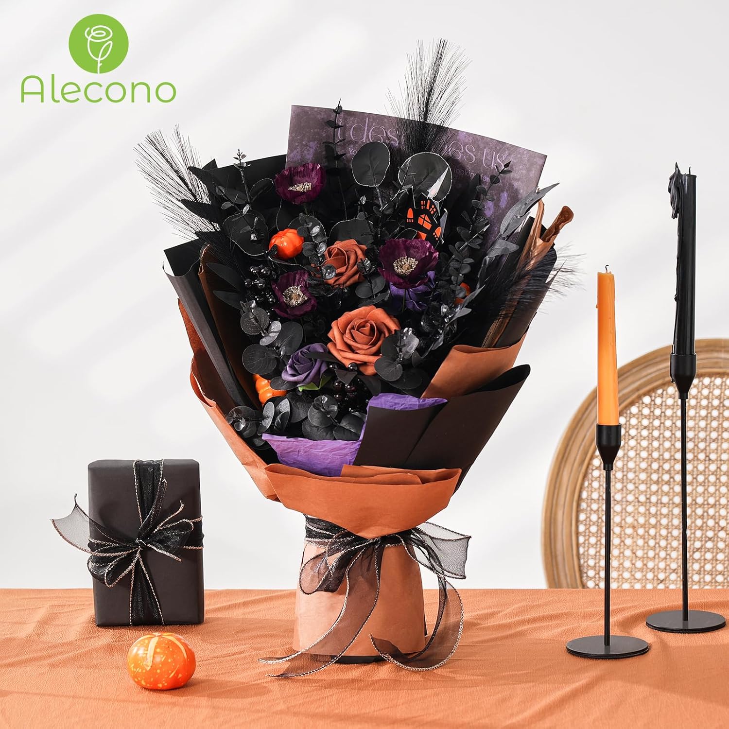 Alecono 100pcs 4 Kinds Mixed Greenery Stems, Artificial Eucalyptus Stems Bulk, Faux Leaves for Halloween Home Party Decoration DIY Vase Bouquet Gothic Floral Arrangement (Black)