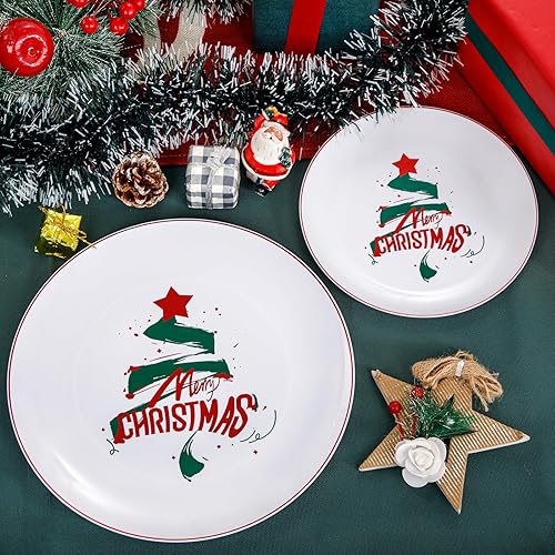 Miniatura 4 de NOCCUR 60 platos de Navidad y platos de plástico blanco y rojo, incluyendo 30 platos de cena y 30 platos de postre para fiestas temáticas de Navidad