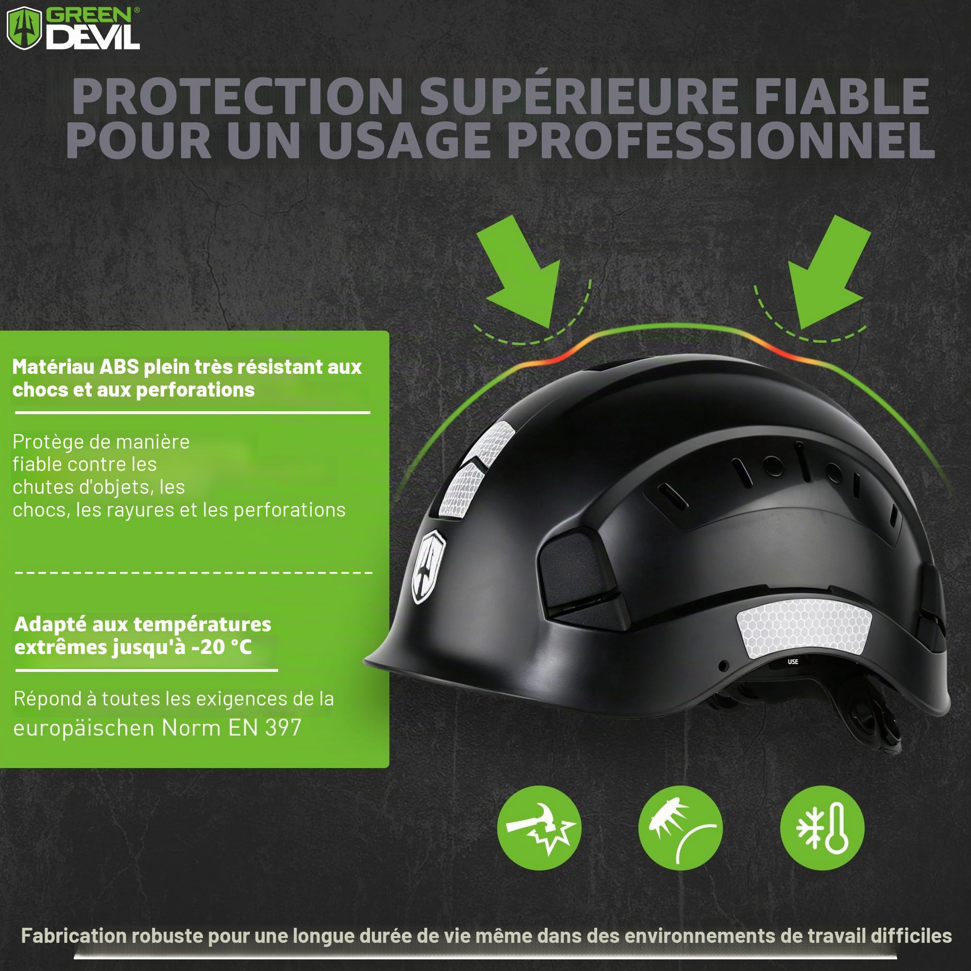 GREEN DEVIL Casque de Protection de Travail avec visière Transparente et Protection auditive - Casque de sécurité ABS réglable - Casque de sécurité ventilé avec Casque Industriel en 397 (Noir)