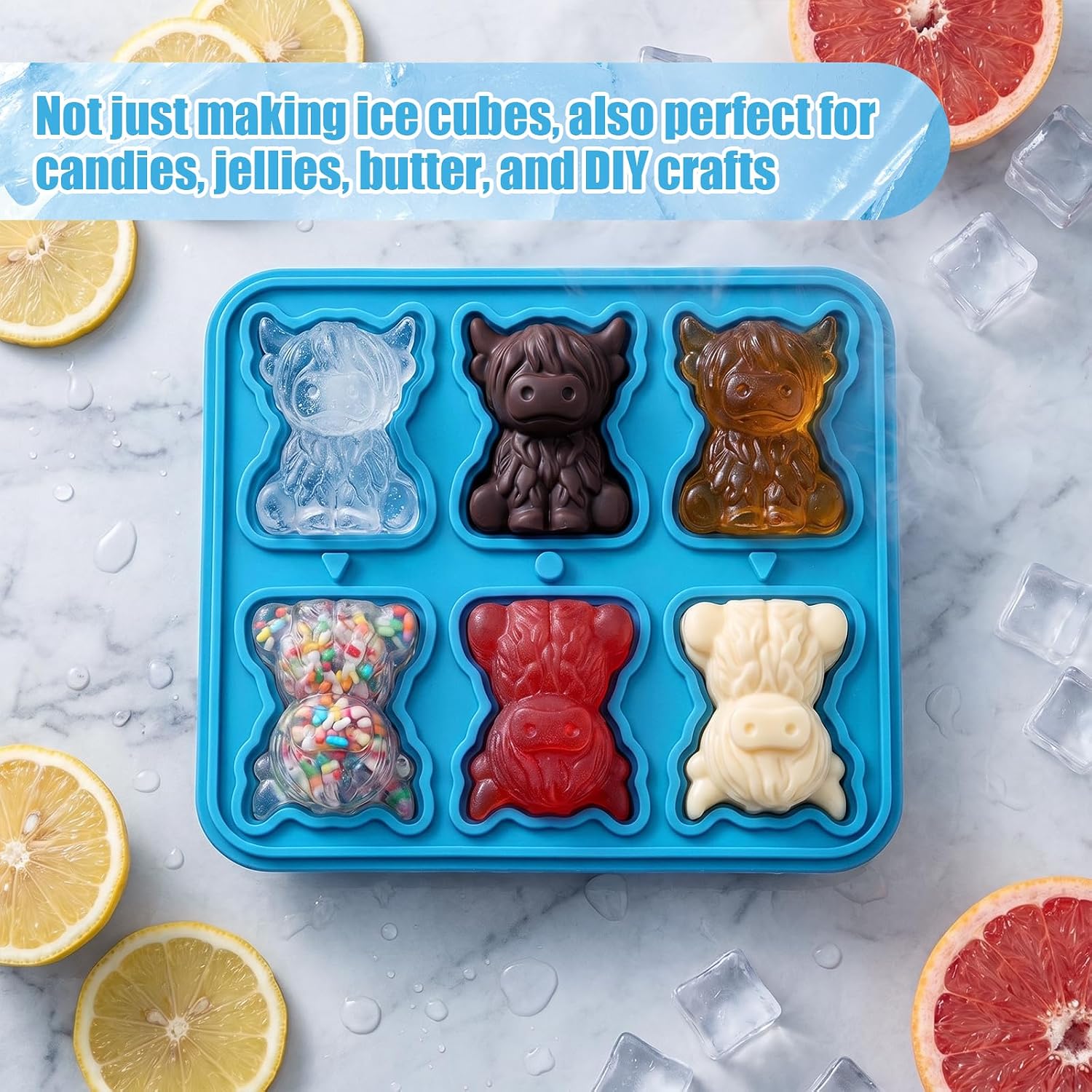 SelfTek 2 PCS Ice Cube Mold - 3D Highland Cow & Cat Ice Cube Mold - 3D Silicone Whiskey Ice Cubes Mold with Lid & Built-in Funnel, BPA-Free Ice Cube Trays For Whiskey, Drinks, Bar, Parties