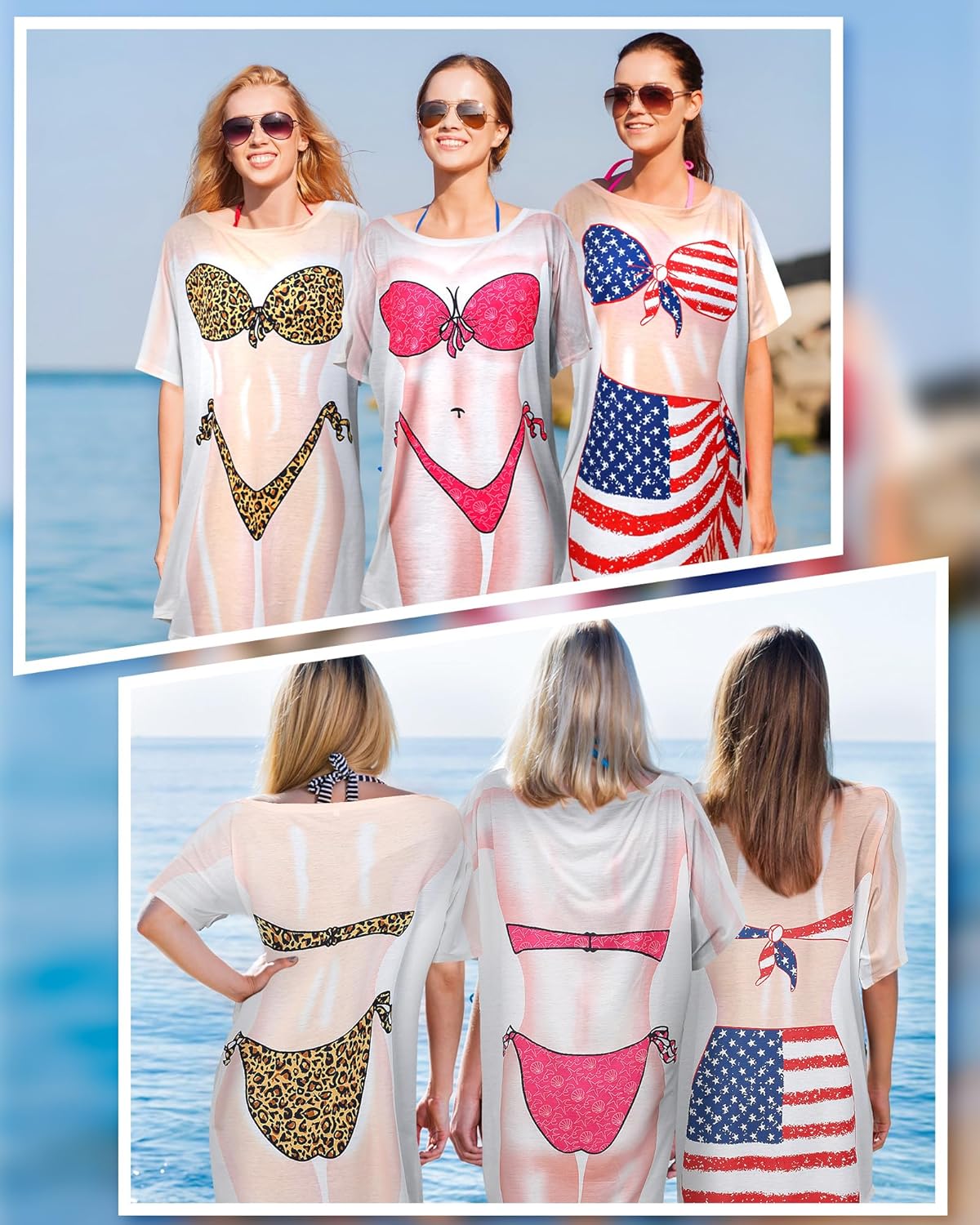 Jeyiour 4 Pcs Women's Bikini Shirt Cover up Short Sleeve Funny Bikini Print Dress Swimsuit Baggy T Shirt Swimwear for Women