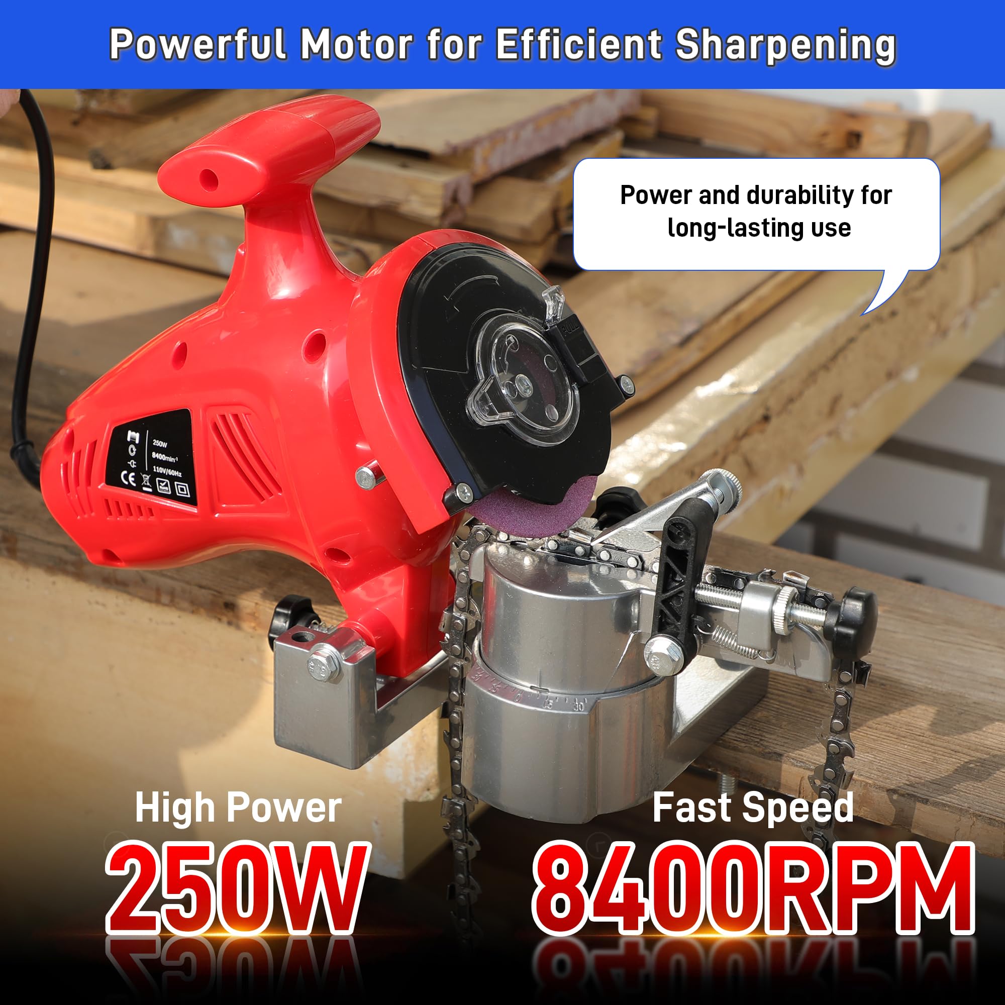 Afilador eléctrico de motosierra, herramienta afiladora de motosierra de 250 W con 4 ruedas abrasivas, amoladora de cadena de motosierra de 8400 RPM con ángulo ajustable para cadenas de 1/4 pulgadas a
