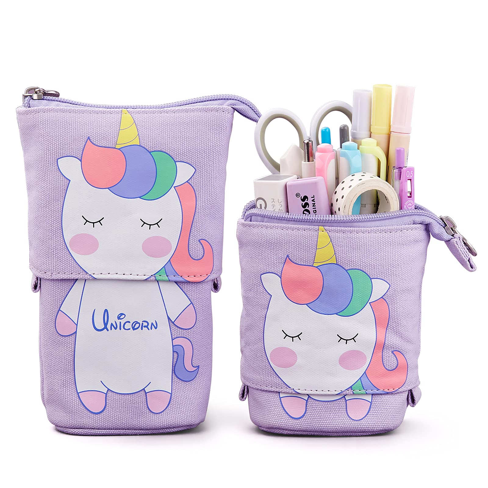 Maomaoyu Estuche Escolar Vertical para Dibujos Animados Lindo Unicornio, Telescópico Estuche Estuche para Bolígrafo Lona, Cosmética Papelería Organizador Caja para Niña, Chico (Púrpura)