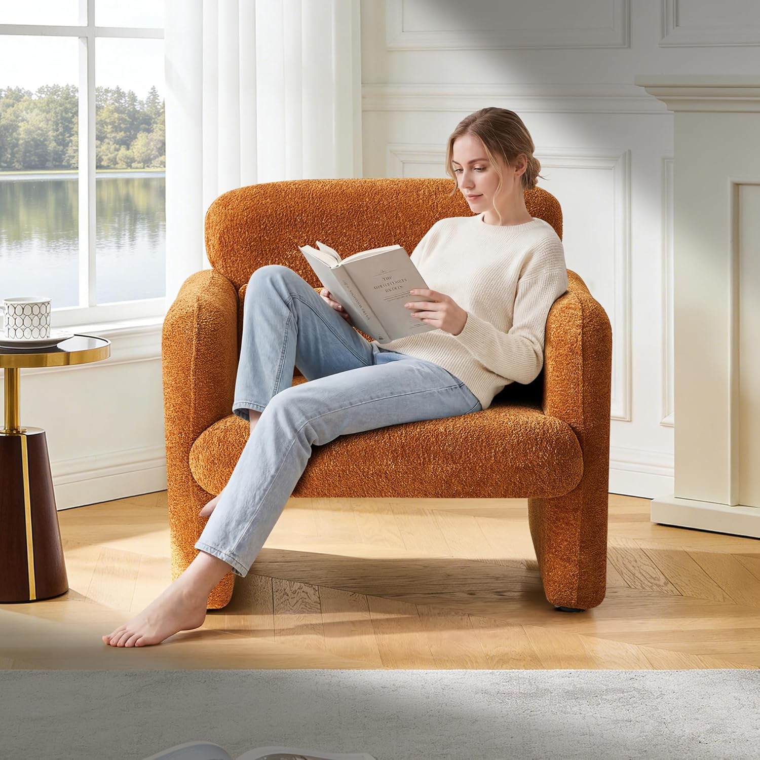 33.86" Accent Chairs, Modern Velvet Fabric Arm Chair Comfy Upholstered Armchair Leisure Single Sofa Chair with a Waist Pillow for Bedroom, Office and Living Room (Orange, 33.86")