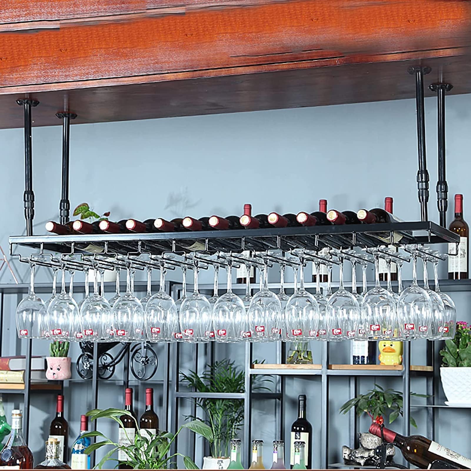 Amazon｜ガラスホルダー付き吊り下げワインラック、調節可能な