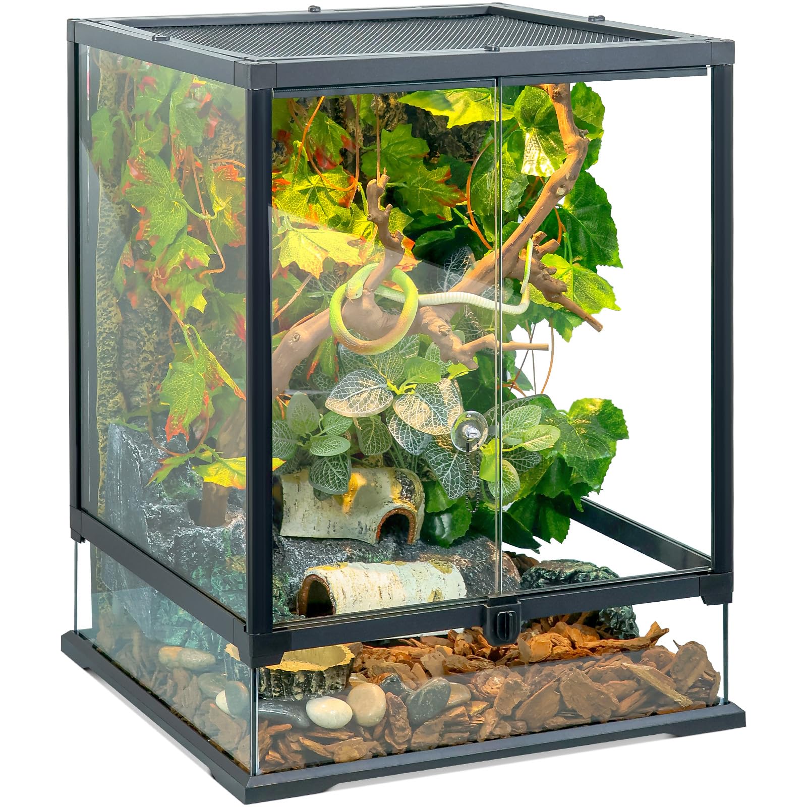 24x18x18'' Glass Reptile Tank Front Opening Terrarium Suitable for Leopard Geckos, Snakes, Tree Frogs, Chameleons,Watertight Base, Ventilated Metal Mesh Top, Pre-Drilled Cable Holes
