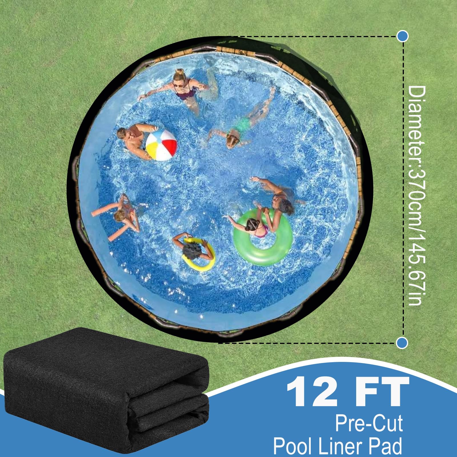 Yuragim Tapis de piscine rond - 370 cm - Tapis de piscine extérieur - Tapis de protection prédécoupé pour piscines hors-sol et jacuzzi - Empêche les trous et prolonge la durée de vie