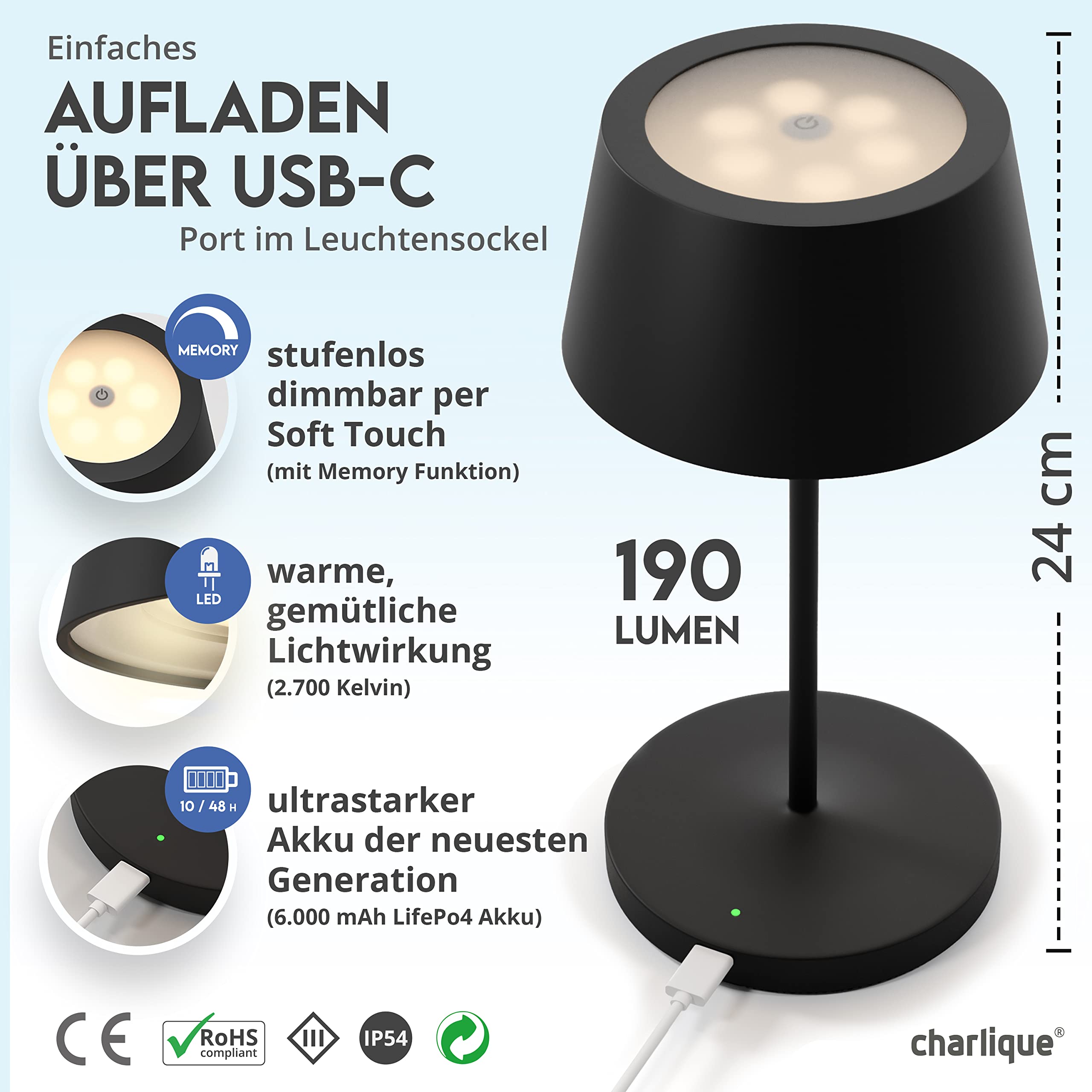 LED Akku Tischlampe - kabellos, schwarz 24 cm, dimmbar, Aluminium