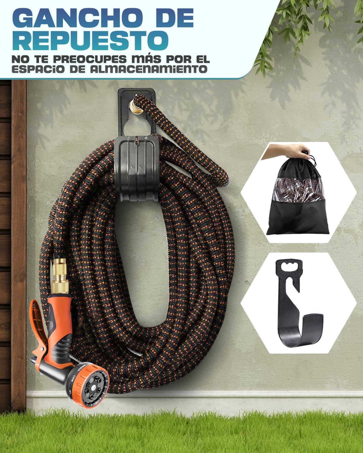 Manguera de Jardín Extensible 45m Naranja, Manguera Agua Flexible para Riego de Verano, Tubo Retráctil con Boquilla de Multiples Modos, Ligera y Duradera