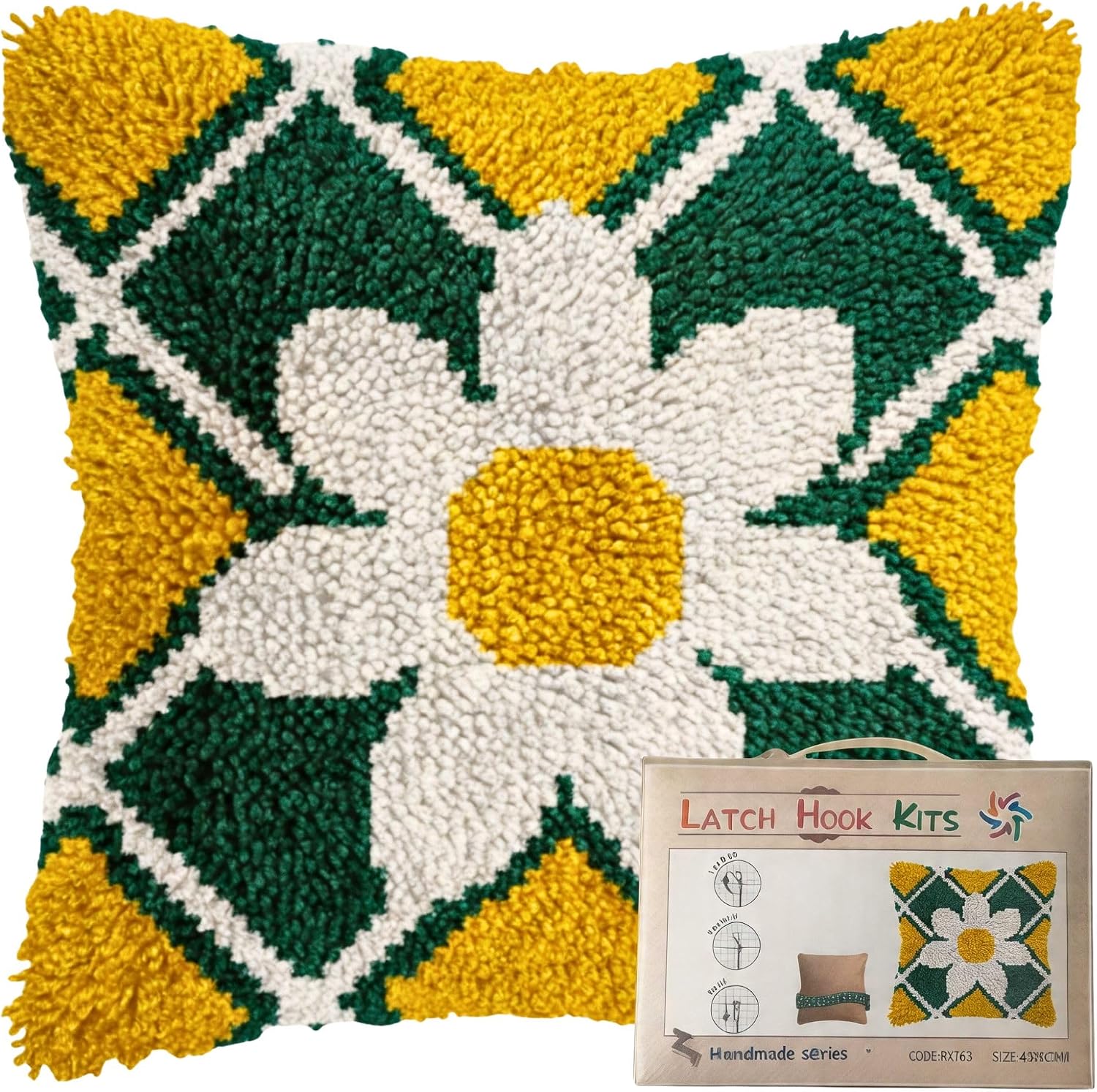 Latch Hook Kits for Adults – 17"x17" DIY Pillow Cover Craft Set with Pre-Printed Flower Pattern, Cross Stitch Yarn & Hook for Sofa Cushion Home Decor, Beginner-Friendly Crochet Kit