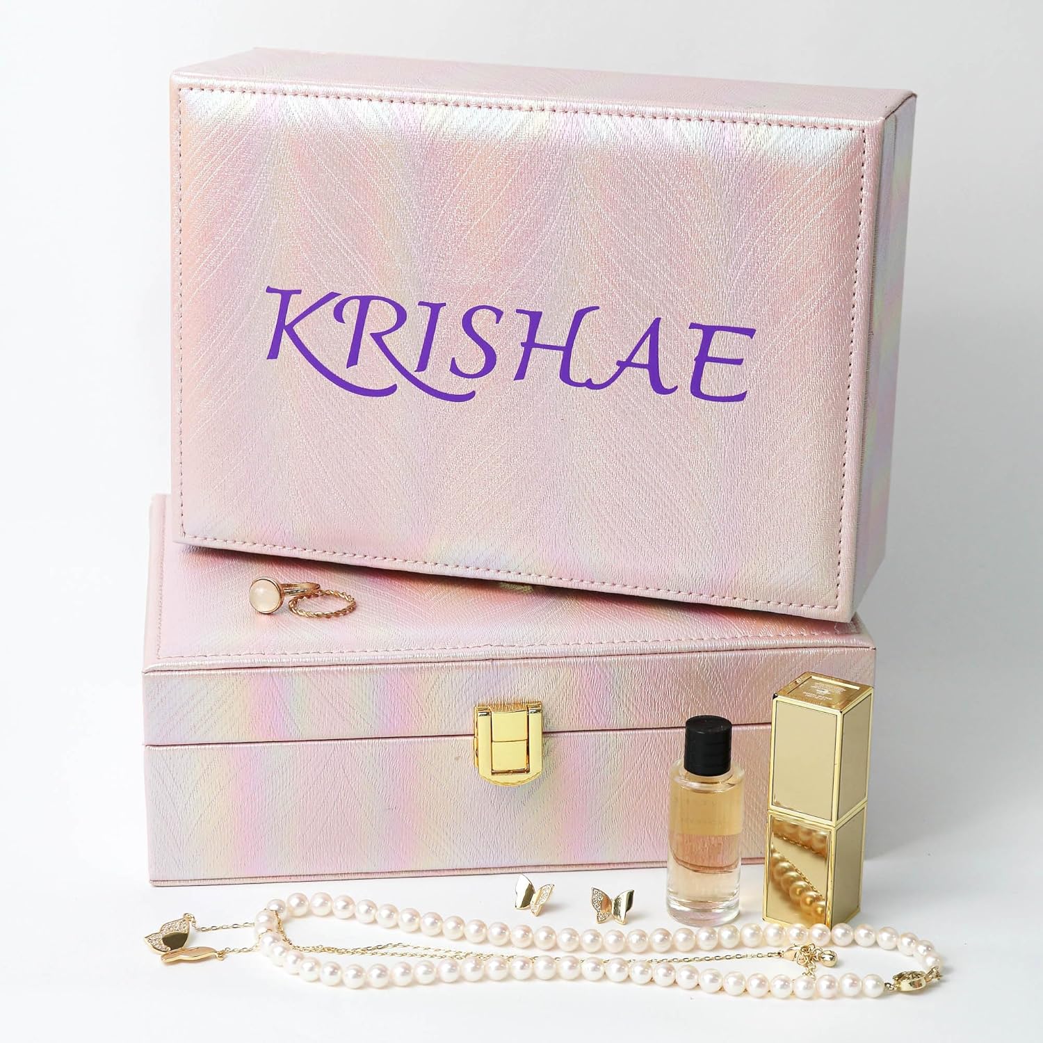 Customizable Rainbow Leather Box with Mirror, Jewelry Case, Jewelry Organizer, Jewelry Box for Women and Girls, Jewelry Organizer (Light Pink Rainbow)
