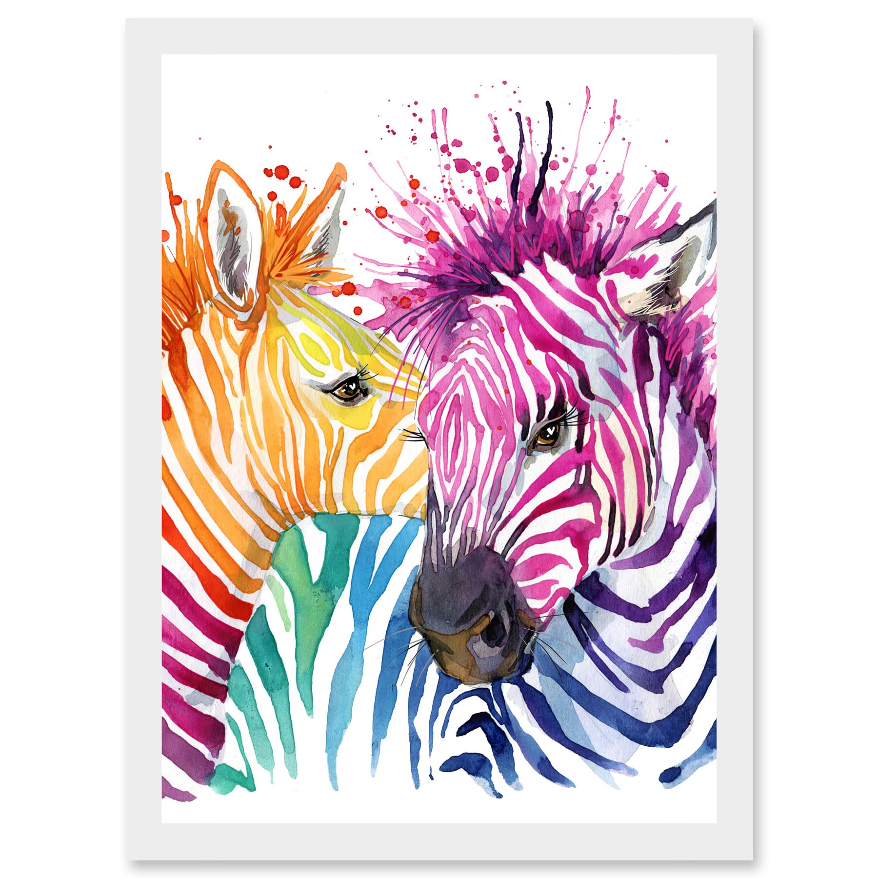 Wee Blue Coo Rainbow Two Rainbow Zebra Painting Multi Coloured Artwork Framed Wall Art Print A4