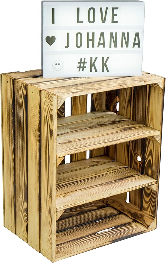 Weisse/geflammte Bücherregal – Schuhregalkiste mit Zwischenbrett/Mittelbrett Einlage ca 50x40x30cm / Apfelkisten Weinkisten Holzkisten aus dem Alten Land (doppelt geflammt Quer)