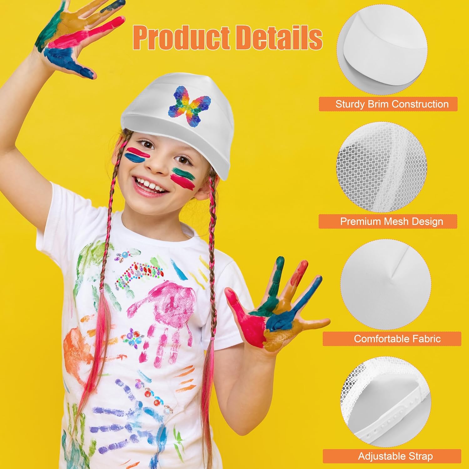 Aneco 16 Packs DIY Baseball Caps Hats, Adjustable Sport Ball Caps, White Creative Painting Baseball Cap with Acrylic Paint Strips and Brushes, Stickers for Outdoor Sports, Camp, Summer, Birthday - Image 3