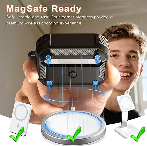 Miniatura 7 de R-fun Funda para AirPods Pro 2 con kit de limpieza, elementos de fibra de carbono, a prueba de caídas, funda desplegable automática con soporte para