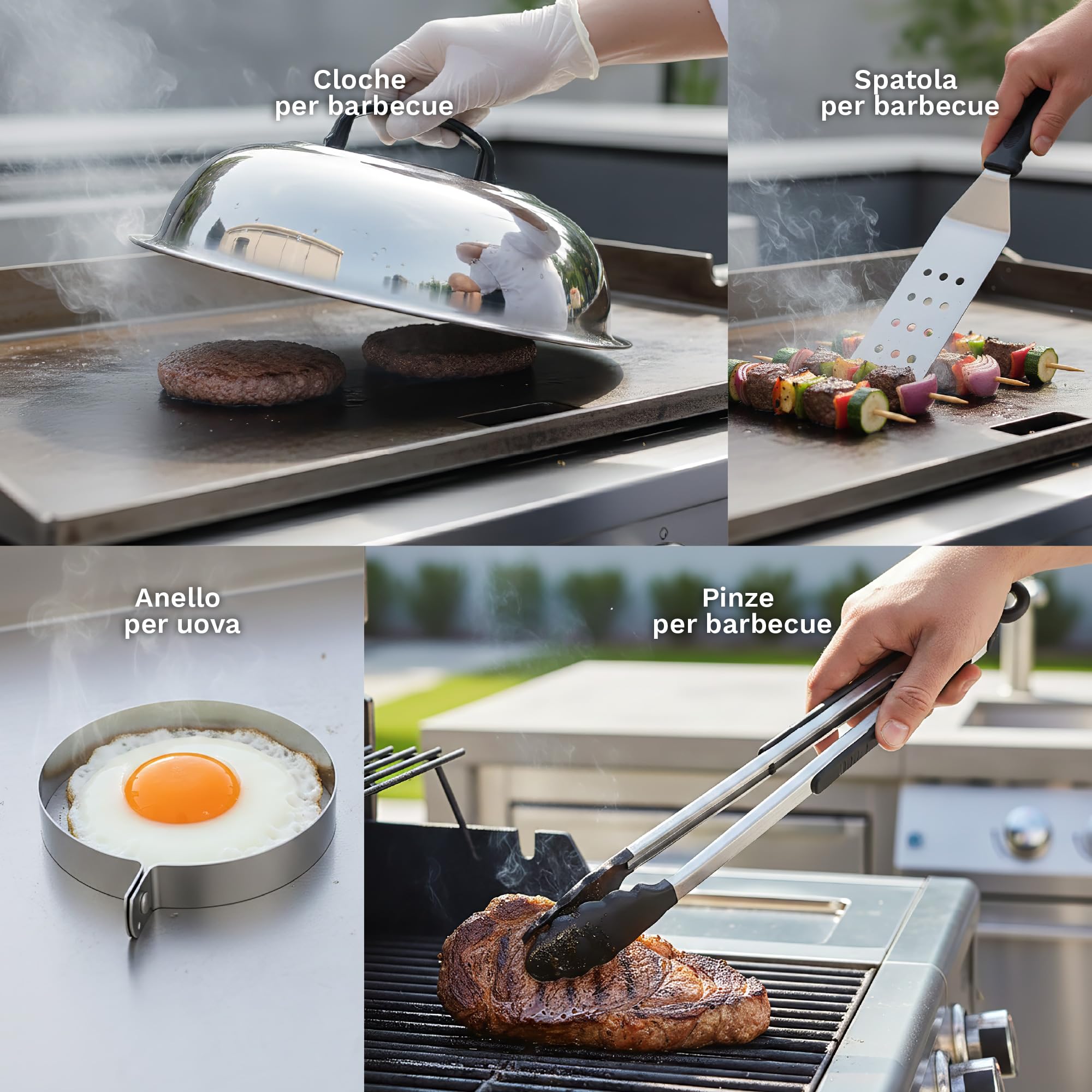 IlGruppone Set Accessori Barbecue Professionale 27 Pezzi Kit Completo BBQ Smash Burger, Pressa Hamburger, Spatole, Pinze, Cloche e Dispenser Salse – Utensili in Acciaio Inox con Borsa Trasporto