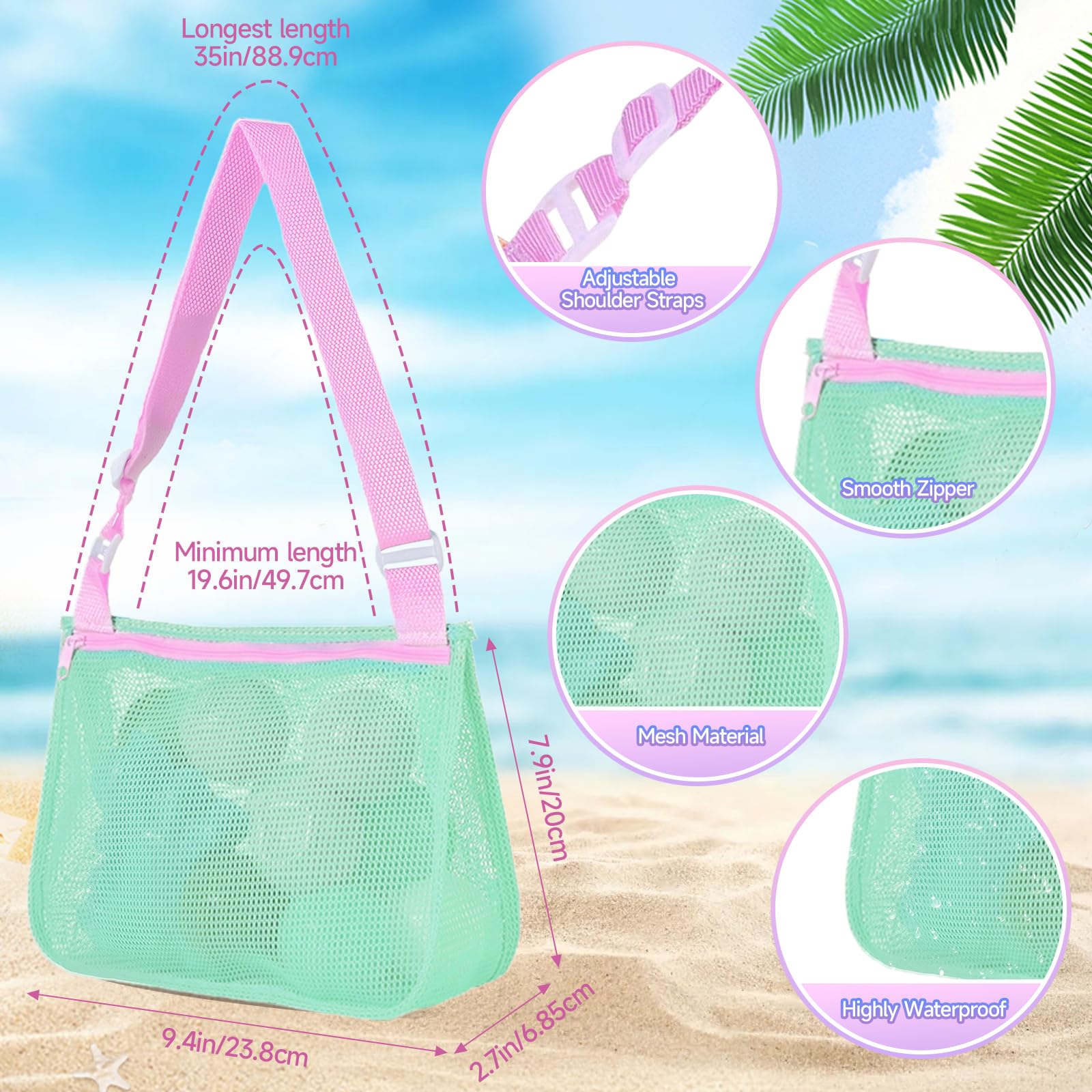 3 Piezas Bolsa de Malla para Juguetes de Playa, Bolsa Juguetes Playa Niños, Bolsas de Recogida de Conchas, Bolsas de Playas Plegable para Piscina, Camping, Viajes (A)
