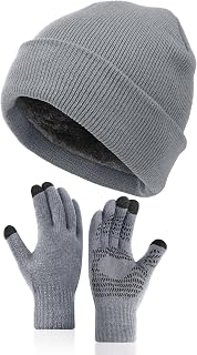 2 Pcs Winter Beanie Hat Touchscreen Gloves Set, Knit Fleece Lined Beanie Skull Cap Gloves for Men and Women