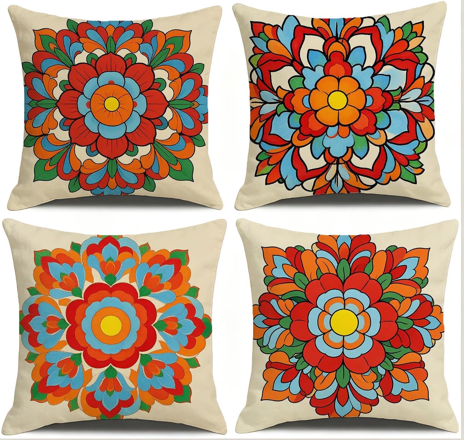 Czerwona poszewka na poduszkę 50 x 50 cm zestaw 4 poduszek outdoorowych | Retro lniana poszewka na poduszkę do salonu, poduszka ozdobna, na sofę, boho, do użytku na zewnątrz, 50 x 50 cm