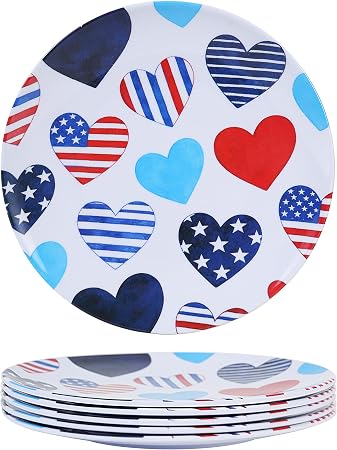 6 Pcs Patriotic Melamine Plates, 10 Inch Round Independence Day