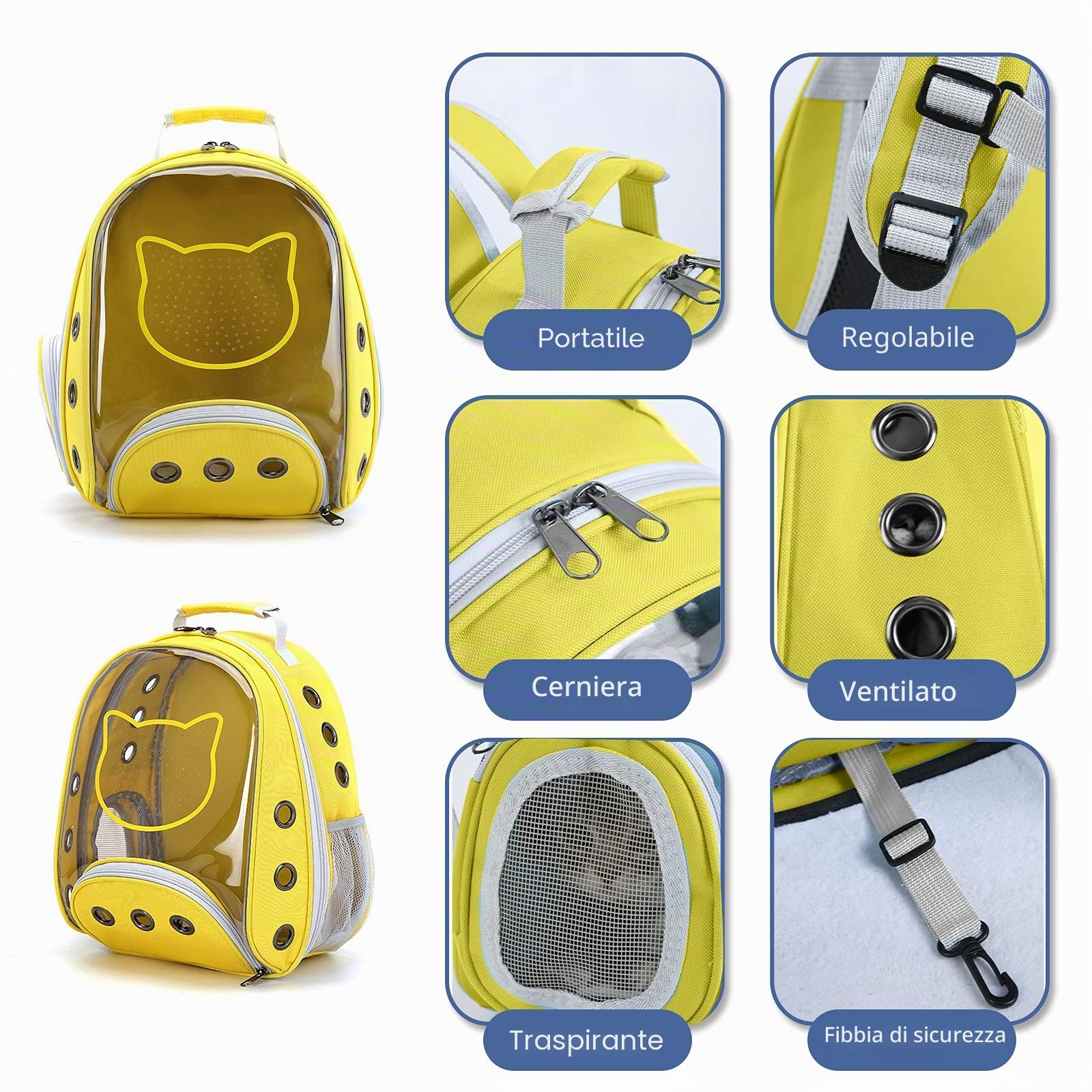 PETCUTE Zaino a Capsula Spaziale per Animali Domestici, Trasparente Zaino per Gatti e Cani con Cinturino di Sicurezza Interno,Tappetino Rimovibile,per Viaggi, Escursioni,Passeggiate,Giallo