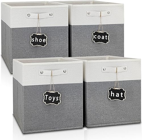 Miniatura 7 de Dyvavna Contenedores de almacenamiento de 13 x 13 x 13 pulgadas, cubos grandes plegables de tela de lino, 4 unidades, con asas de algodón, para