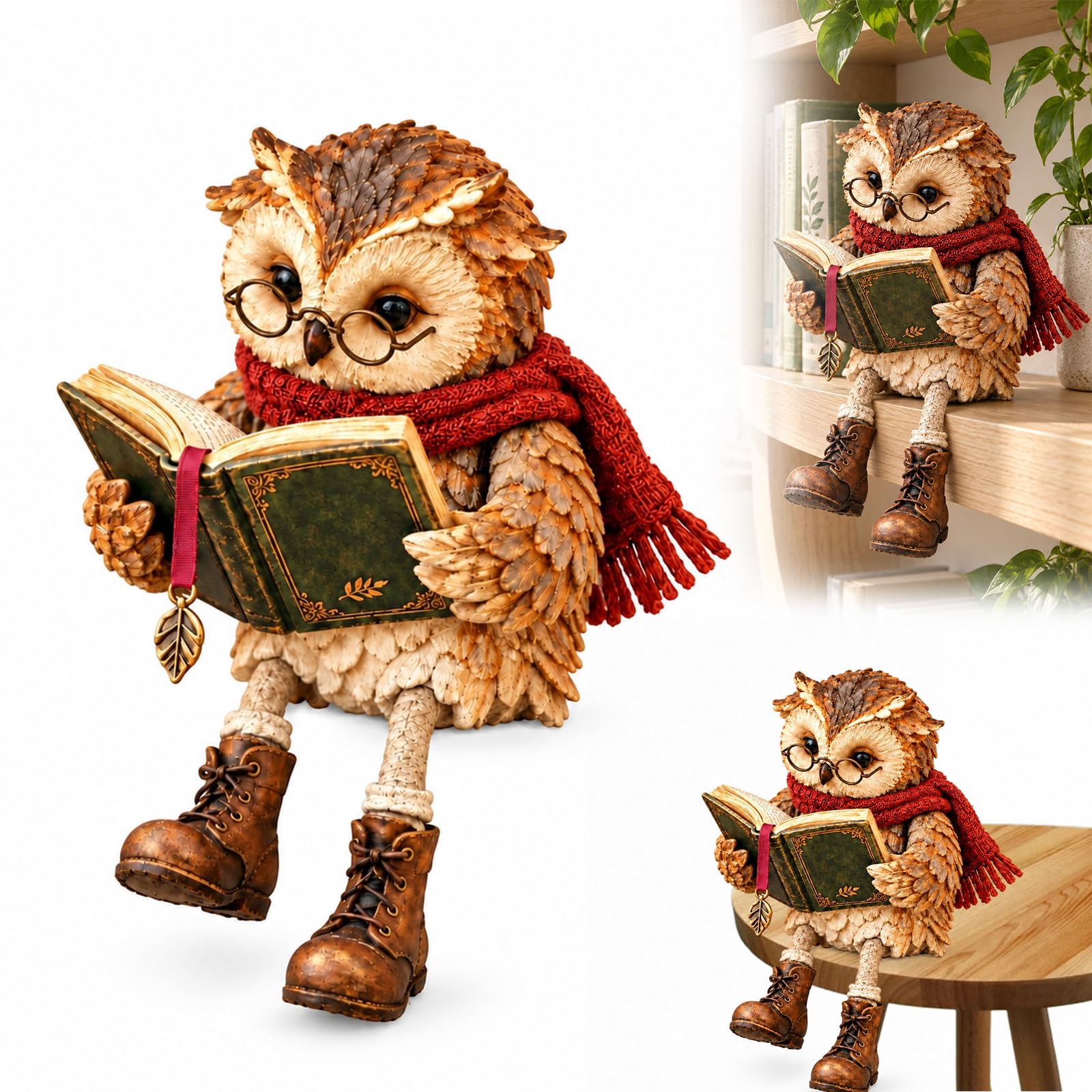 Reading Owl Figurine, Owl Statue with Book, Round Glasses & Dangling Legs