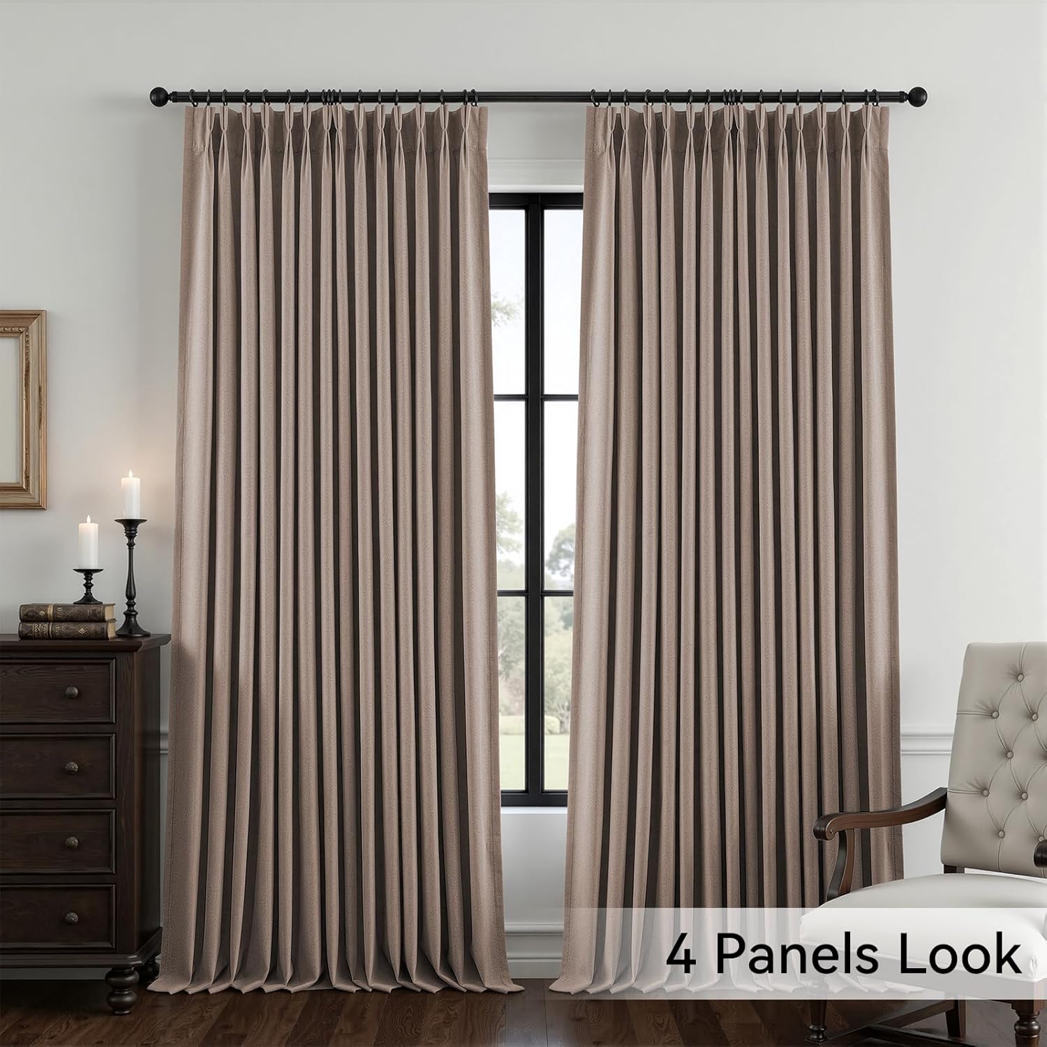 Pinch Pleated Full Blackout Curtains for Bedroom & Living Room, Linen Textured Thermal Insulated Blackout Window Curtains & Drapes 95 Inches Long, 2 Panels Set(40" W x 95" L, Tan)