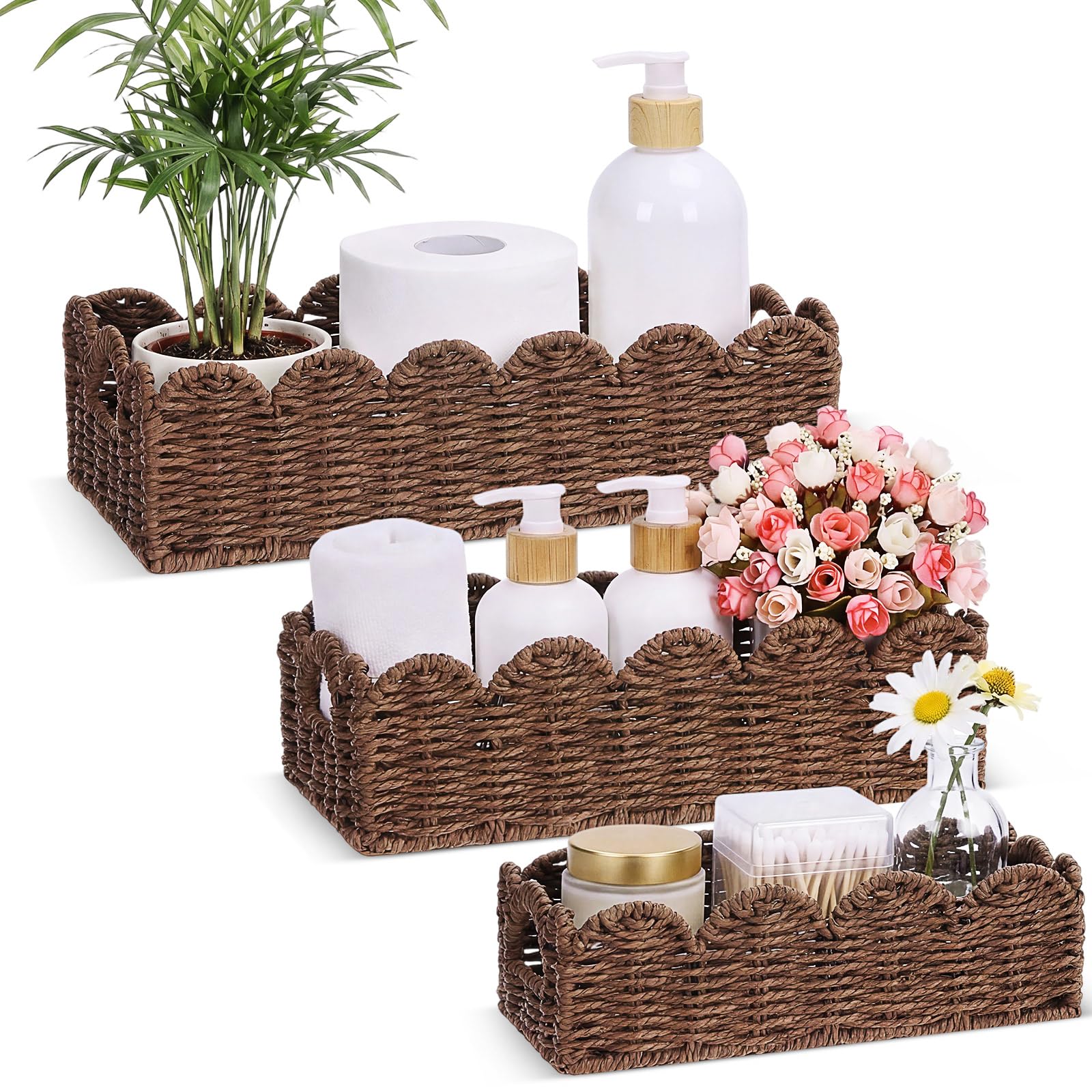 Boao 3 Pcs Boho Storage Wicker Baskets Handmade Woven Decorative Paper Rope Baskets for Organizing with Handle Countertop Toilet Paper Storage Container for Toilet Tank Top(Light Brown,Fan-shaped)