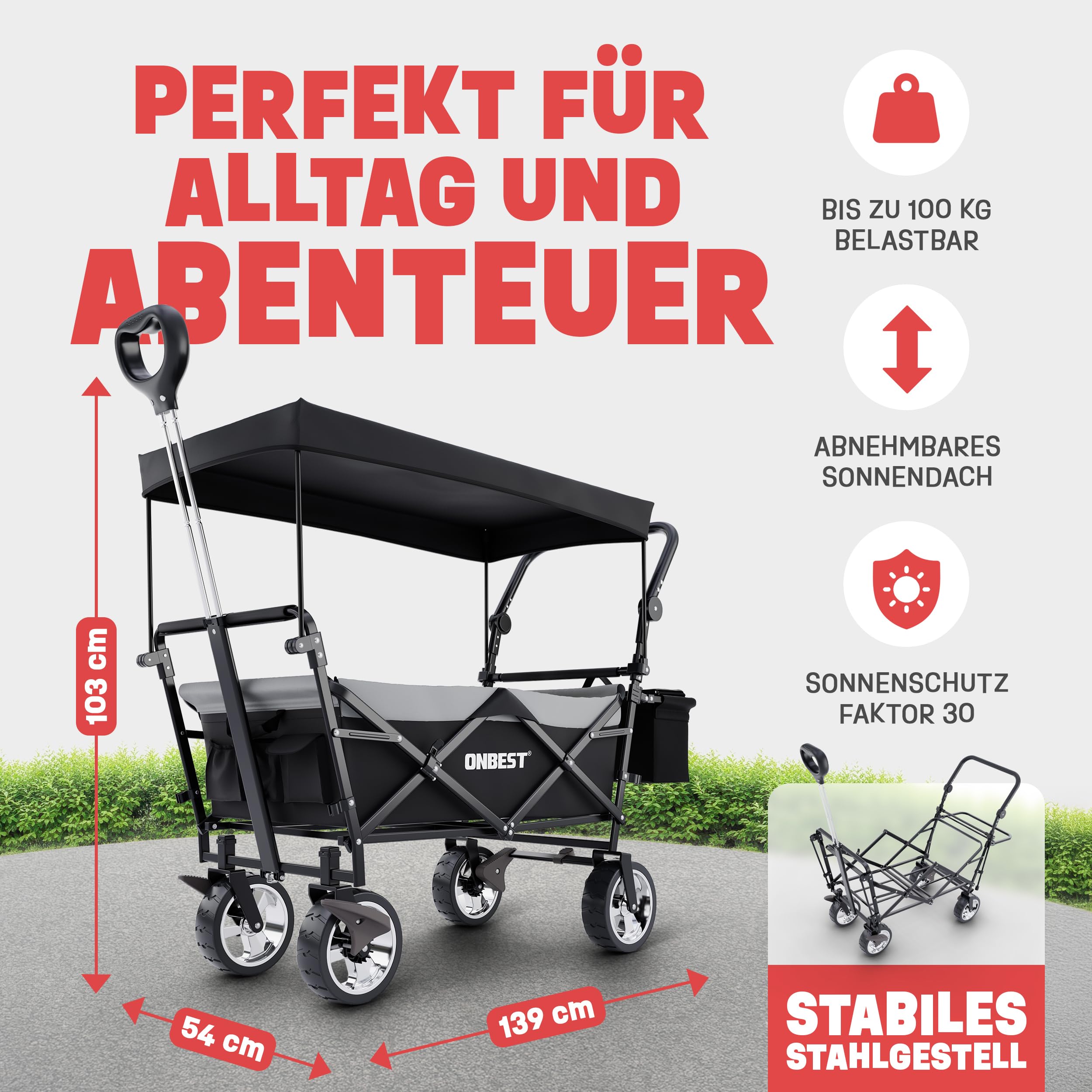 ONBEST Bollerwagen faltbar – Faltbollerwagen mit Dach, Schwarz | Klappbarer Strandbollerwagen mit Regenschutz, Sonnenschutz-Dach, Kühltasche & Becherhalter für Outdoor und Camping