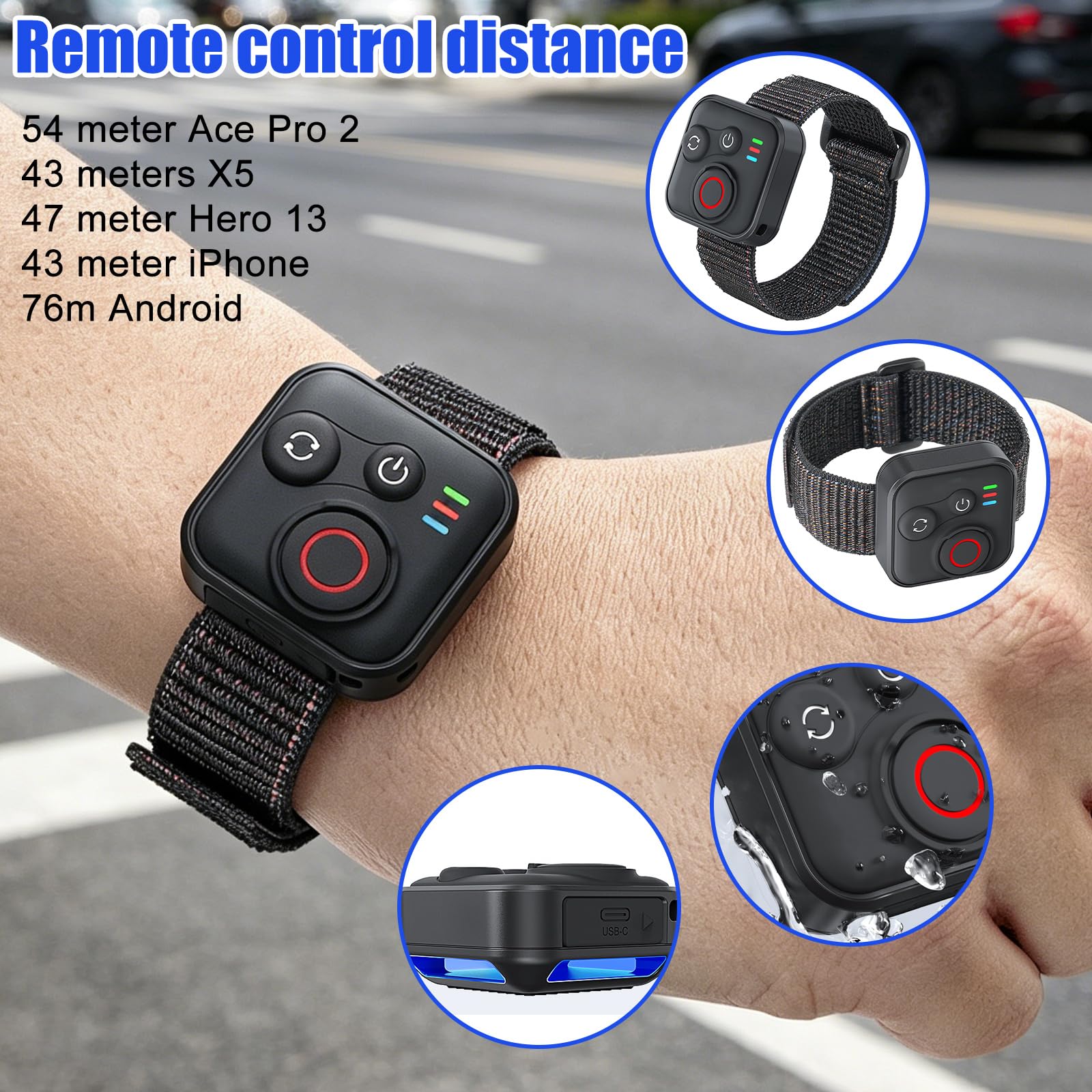 Telecomando Bluetooth per Insta360 X5/X4/X3/X2/ONE RS 1/Ace Pro/Ace Pro 2/A-ce/GO 3S/Hero 13/12/11/10/9/8/MAX/Mini/IOS/Android, portata 50 m, wireless, con cinturino da polso