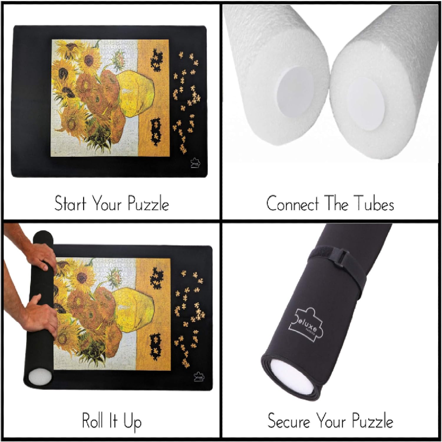 Deluxe Puzzles Jigsaw Puzzle Mat Roll Up - Portable Puzzle Mat with Non-Slip Rubber Bottom and Smooth Polyester Top - Saver Pad 46” x 26” for Puzzle Storage up to 1500 Piece Puzzles - Foam Tubes