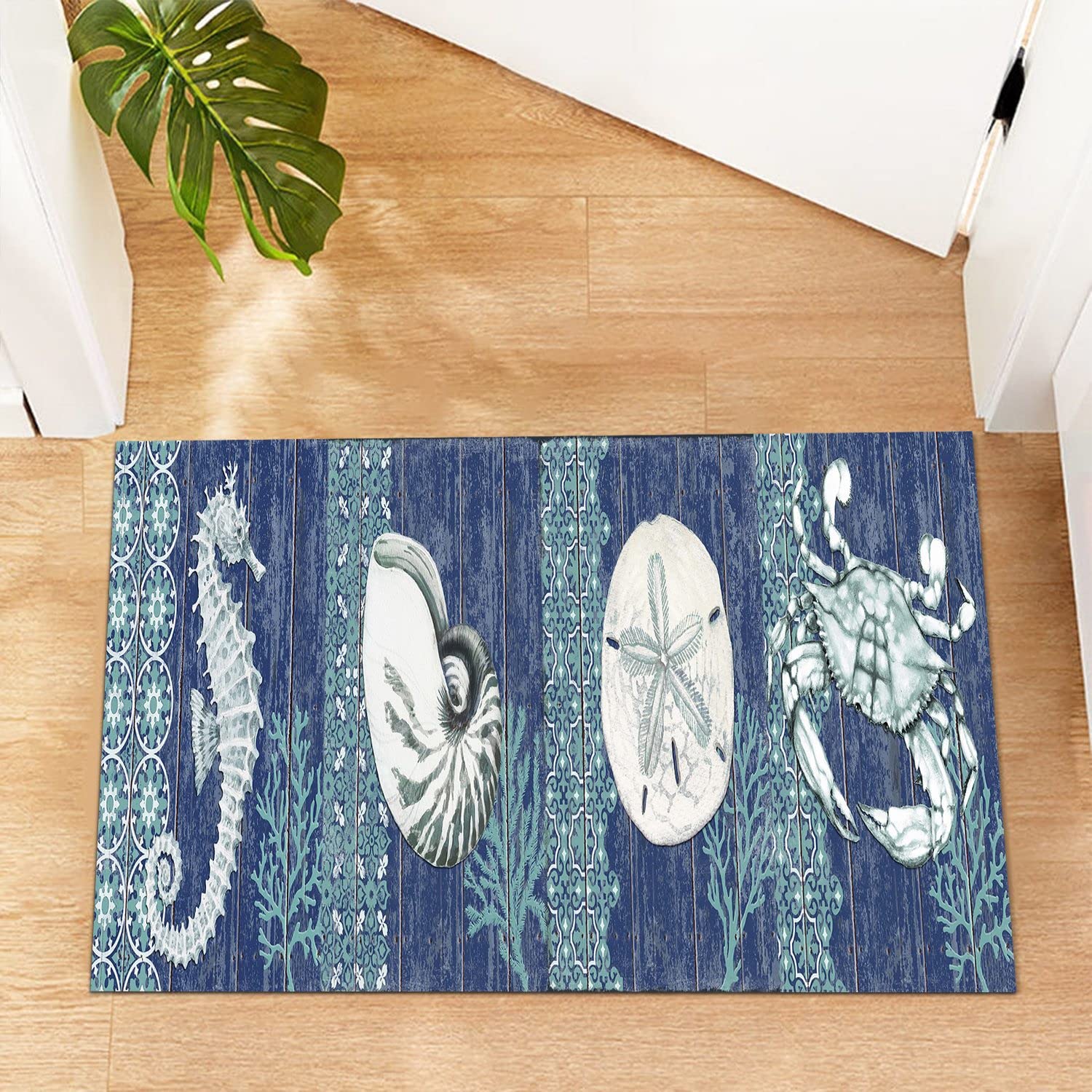 GUBIYU Rustic Coastal Runner Rug Ocean Beach Mat Area Rug Navy Blue Beach Bathroom Rugs Non-Slip Doormat Carpet Printing Rug for Living Room Bedroom Kitchen Bathroom Kitchen Rugs Washable 23.6"x35.4"