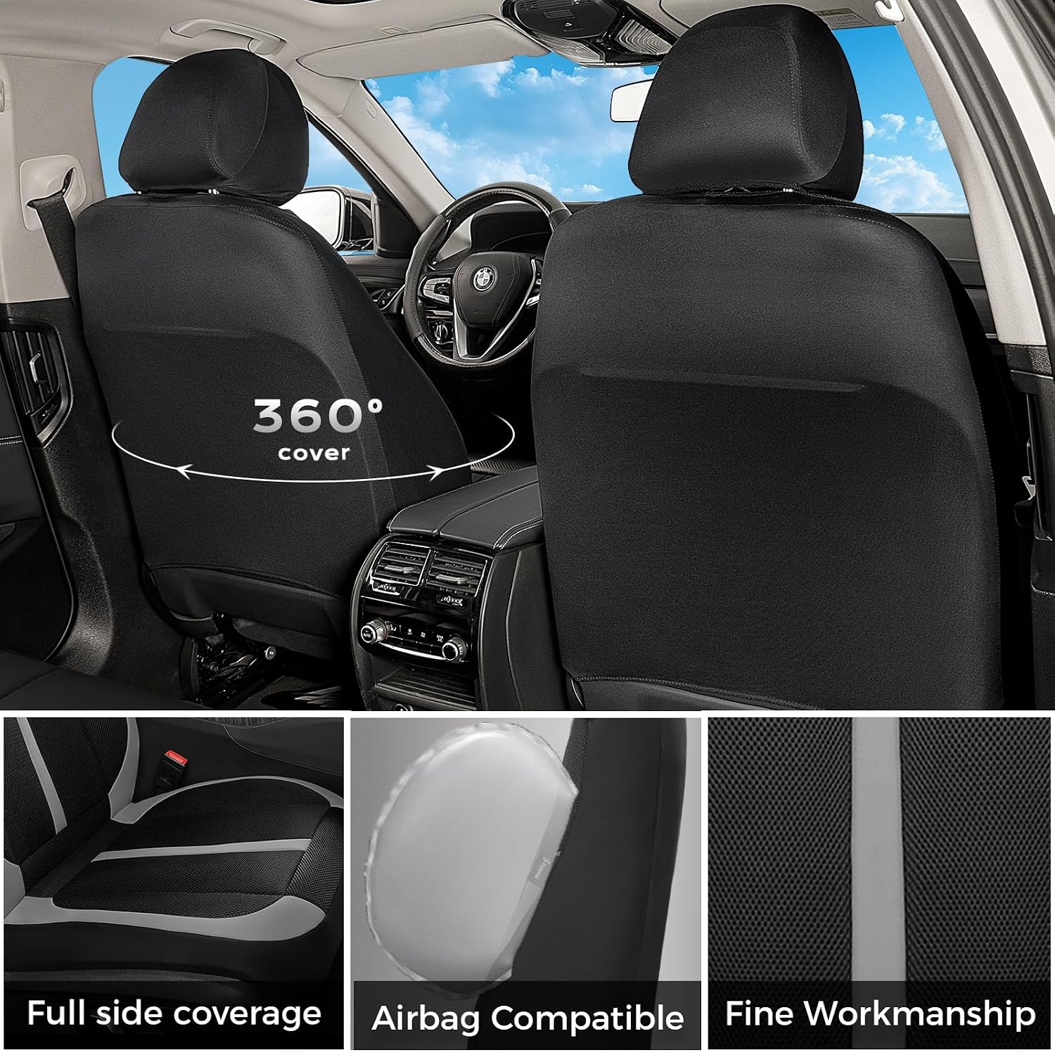 Seat Covers, Car Seat Covers Full Set, Black&Gray Seat Covers for Cars 5 Seats, Breathable Car Seat Protector, Front and Rear Car Seat Cushion, Automotive Seat Covers Universal Fit for Most Cars SUV