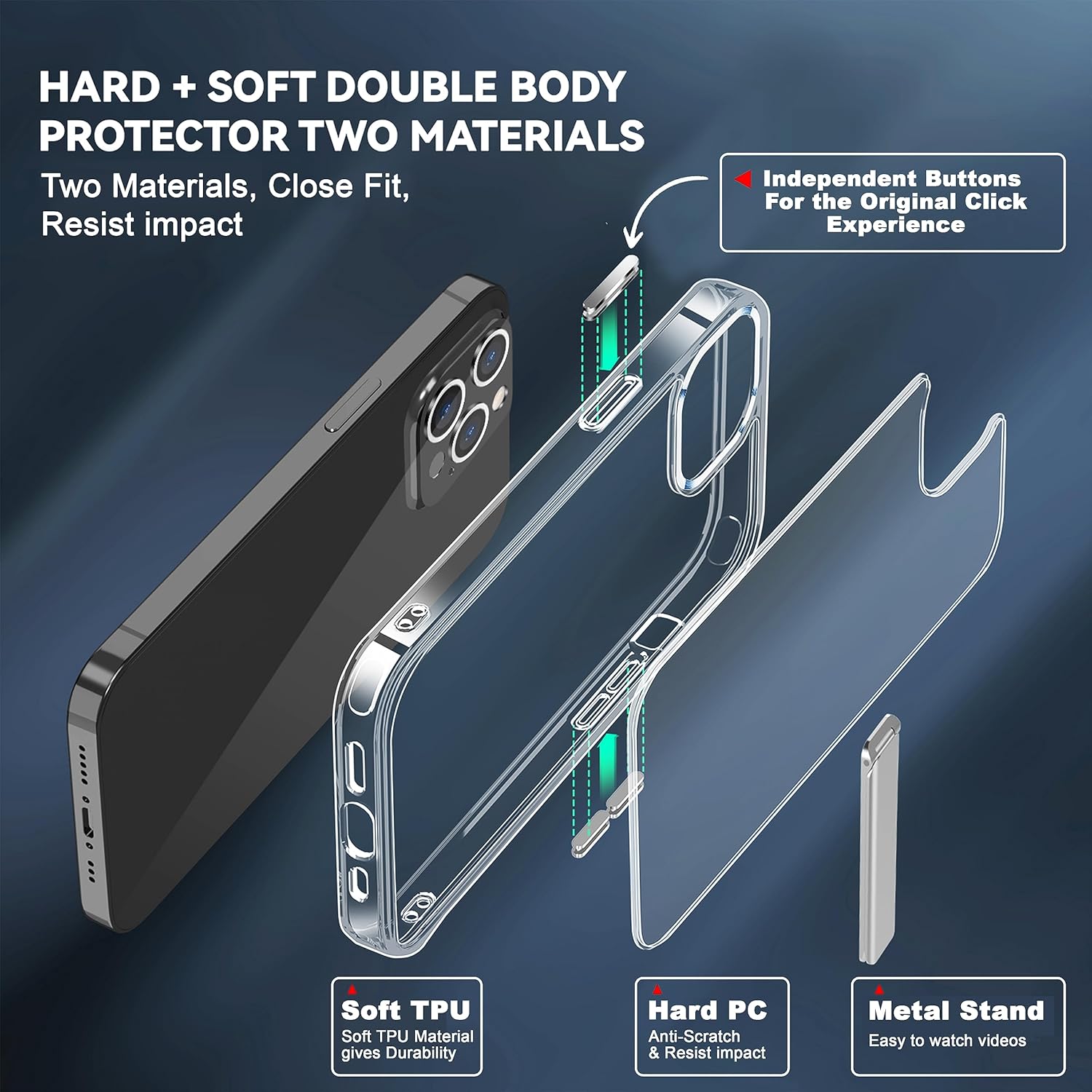 Kickstand for iPhone 13 Pro Case, 3-Way Adjustable with Metal Stand, Military-Grade Shockproof Bumper, Slim Transparent Acrylic Back Cover, Crystal Clear Design for iPhone 13 Pro - Image 5