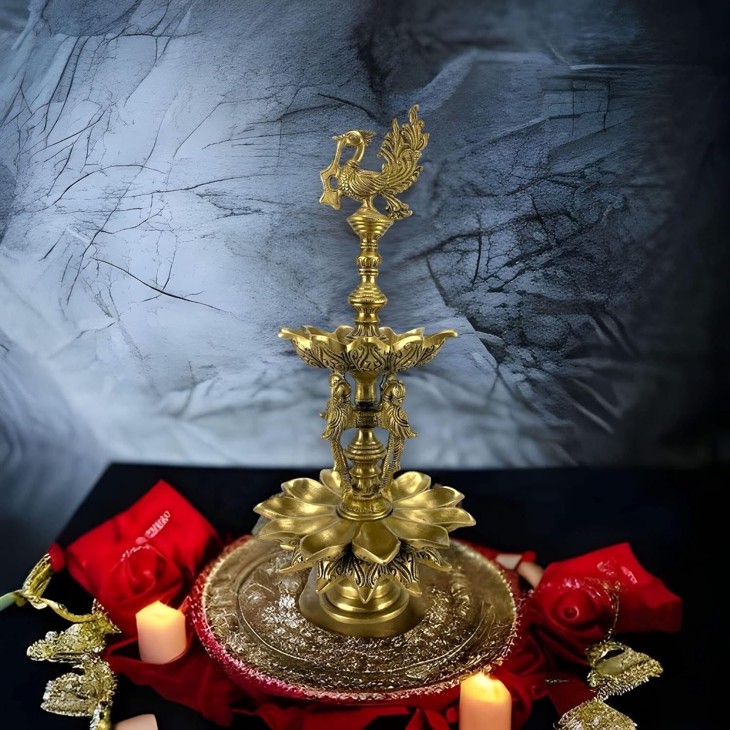 LOVENSPIRE Large Peacock Brass Oil Tall Diya, Samai Diya, Diwali Decor, Brass Oil Diya Lamp, Altar Temple Decor, Brass Oil Lamp, Diya for Home Decor, Kathu Vilakku, Kerela Diya, Pooja Diya