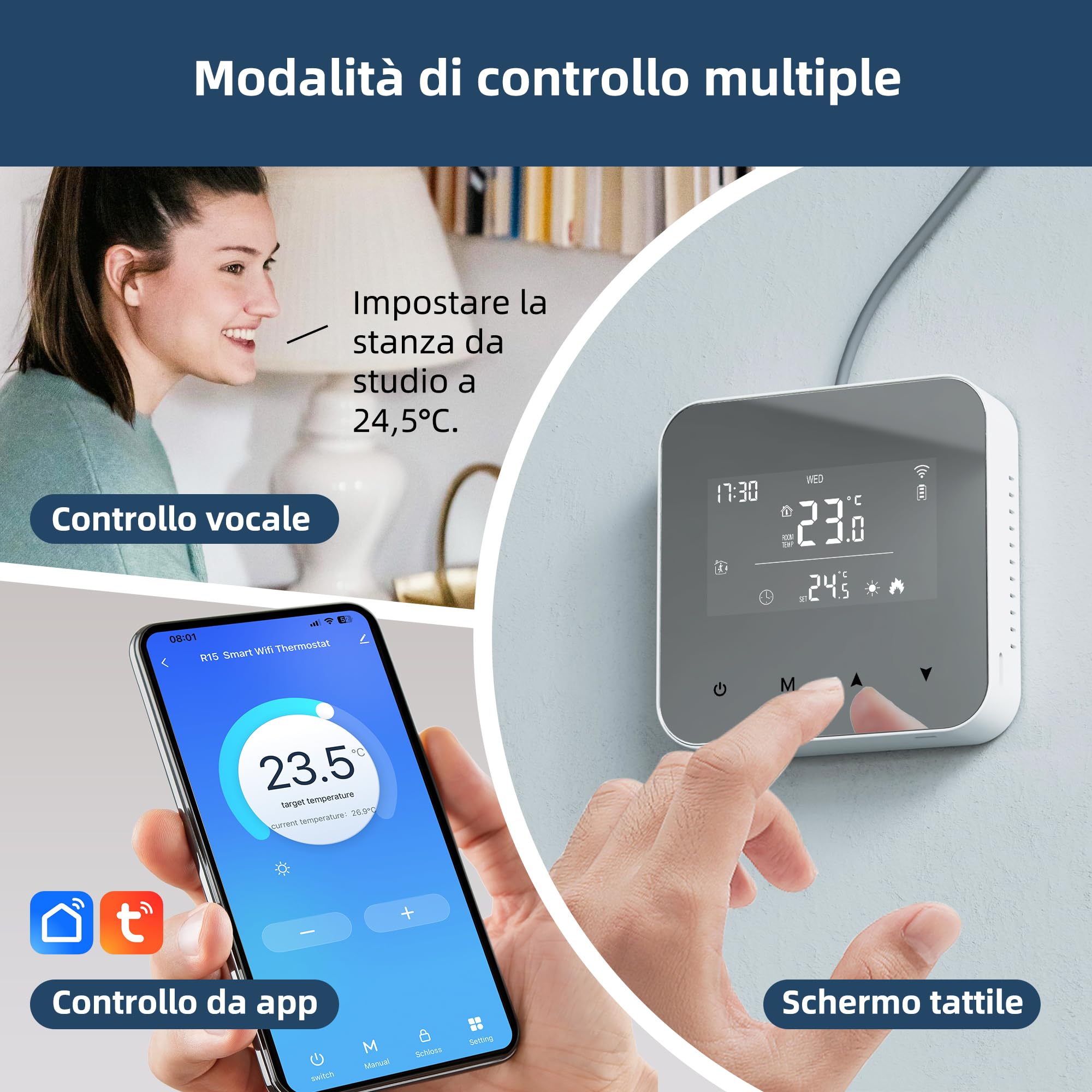 Termostato 2 fili Wi-Fi a batteria, adatto per caldaie a gas. Termostato programmabile giornalmente, compatibile con Google Assistant e Alexa. controllabile da remoto tramite TUYA o Smart Life.