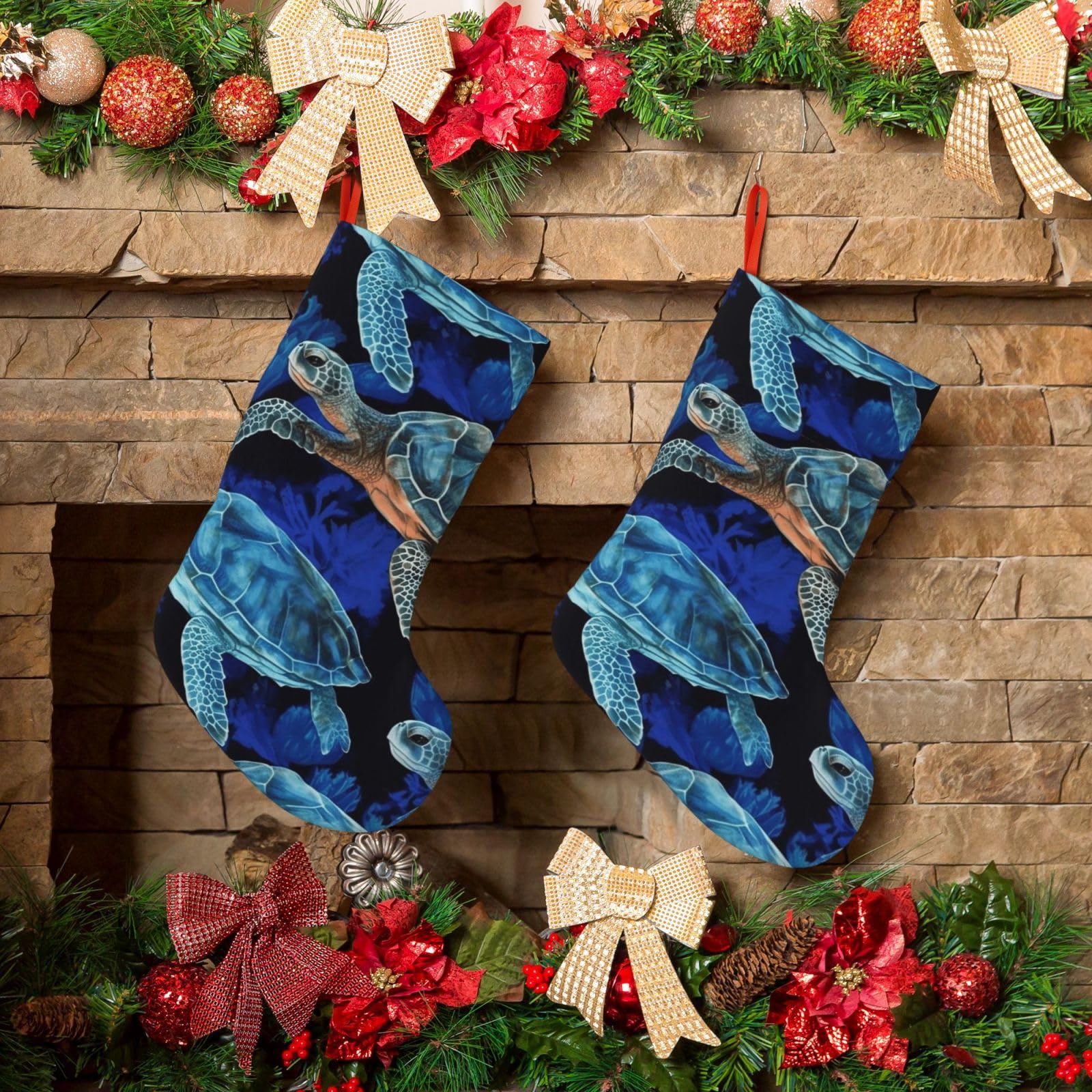 KLOPH Christmas Stockings 18" Personalized Xmas Stocking Blue sea Turtle in Ocean Decoration Stockings Hanging Ornaments Fireplace Stocking for Holiday Xmas Tree Christmas Decor