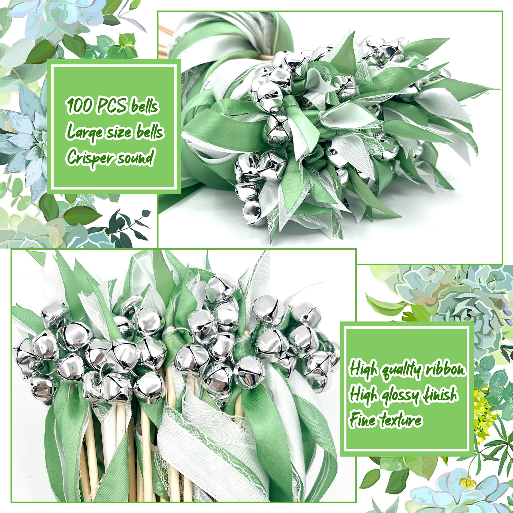 50 Piezas Varitas De Boda,Varitas de Cinta con Campanas,Serpentinas de Cintas de Boda,Serpentinas para Bodas, Magica Cinta Wedding Wands para Cumpleaños, Navidad, Fiestas