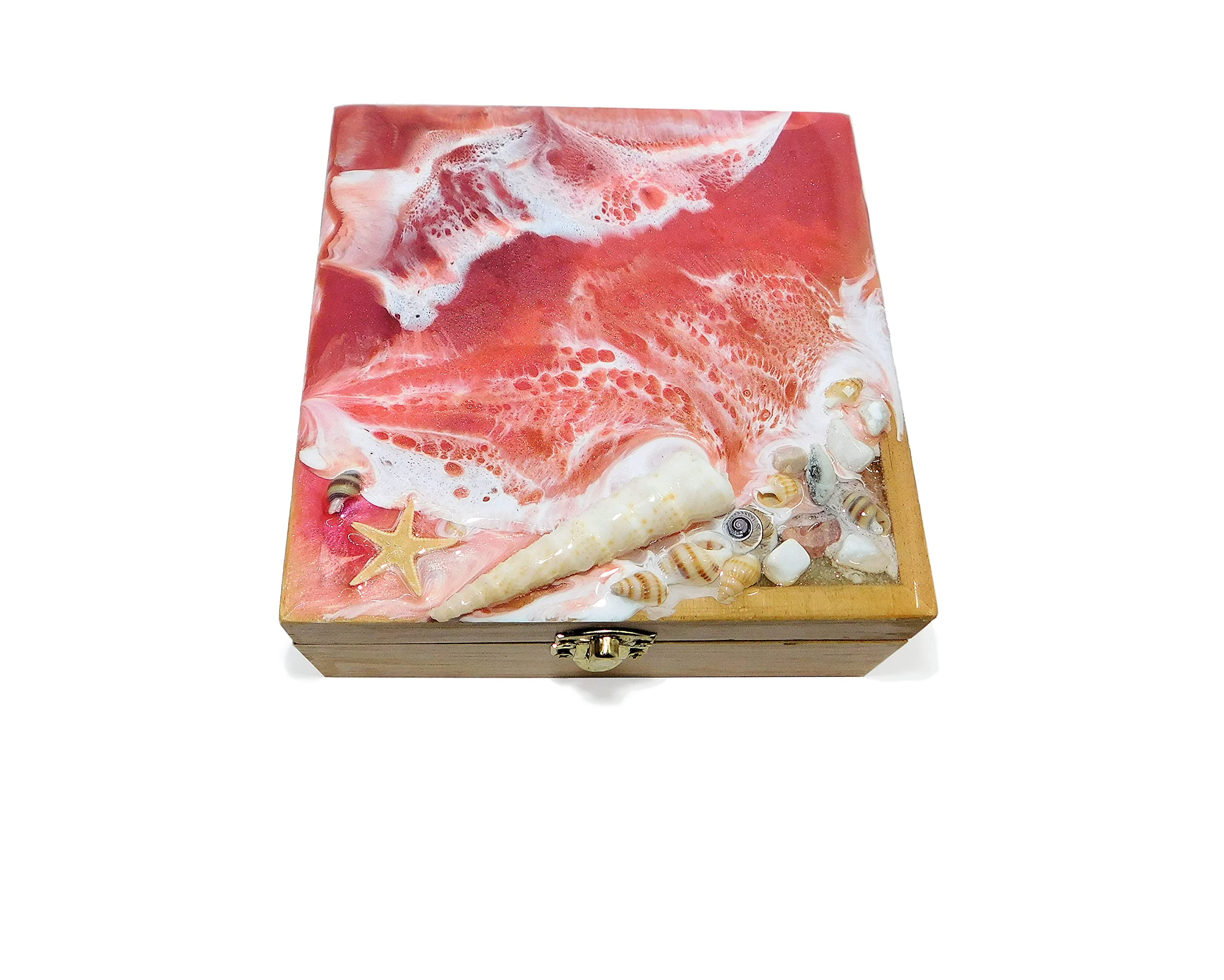 Handmade 5x5x2 Inch Epoxy Resin Wooden Pink Ocean Wave Jewellery Box with Mirror Island Sea Beach Tropical Jewelry Trinket Keepsake Storage